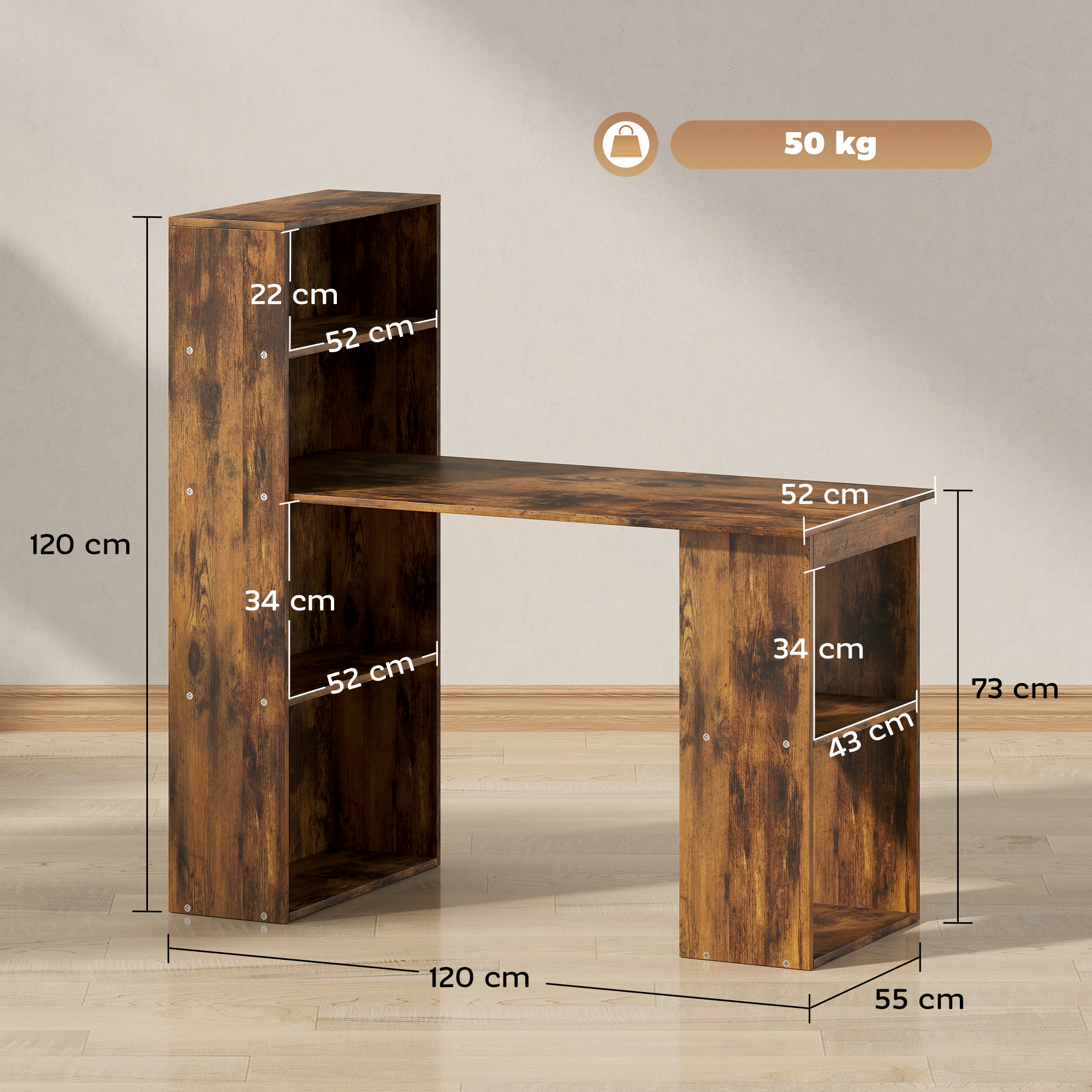 HOMCOM 120cm Computer Desk, Wooden PC Laptop Table with 6-Tier Storage Bookshelves, Home Office Working Study Desk, Writing Workstation, Rustic Brown Wood-Effect - Image 3