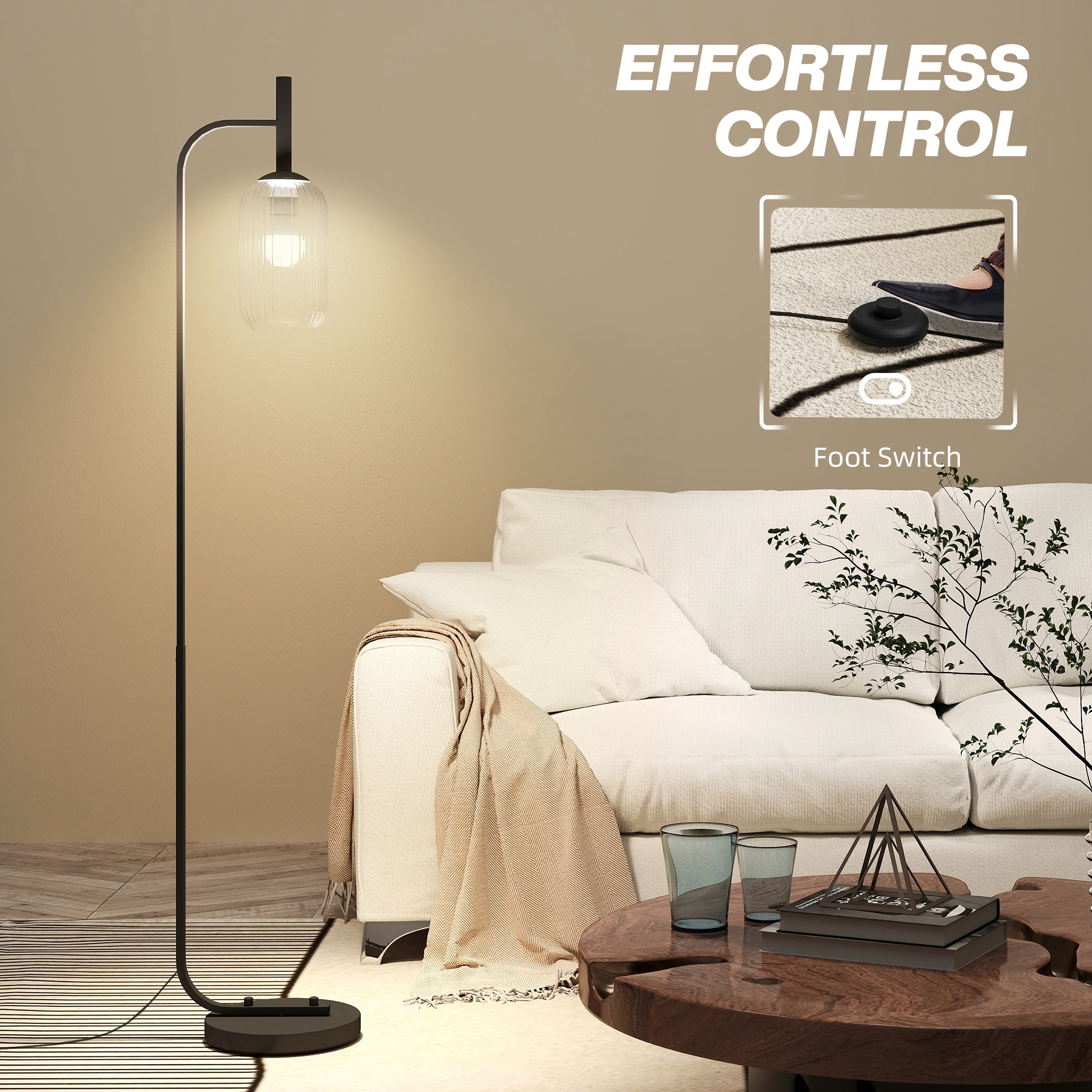HOMCOM Floor Lamp for Living Room with Glass Lampshade, Modern Standing Lamp with Foot Switch for Bedroom, Bulb not Included, Black - Image 6