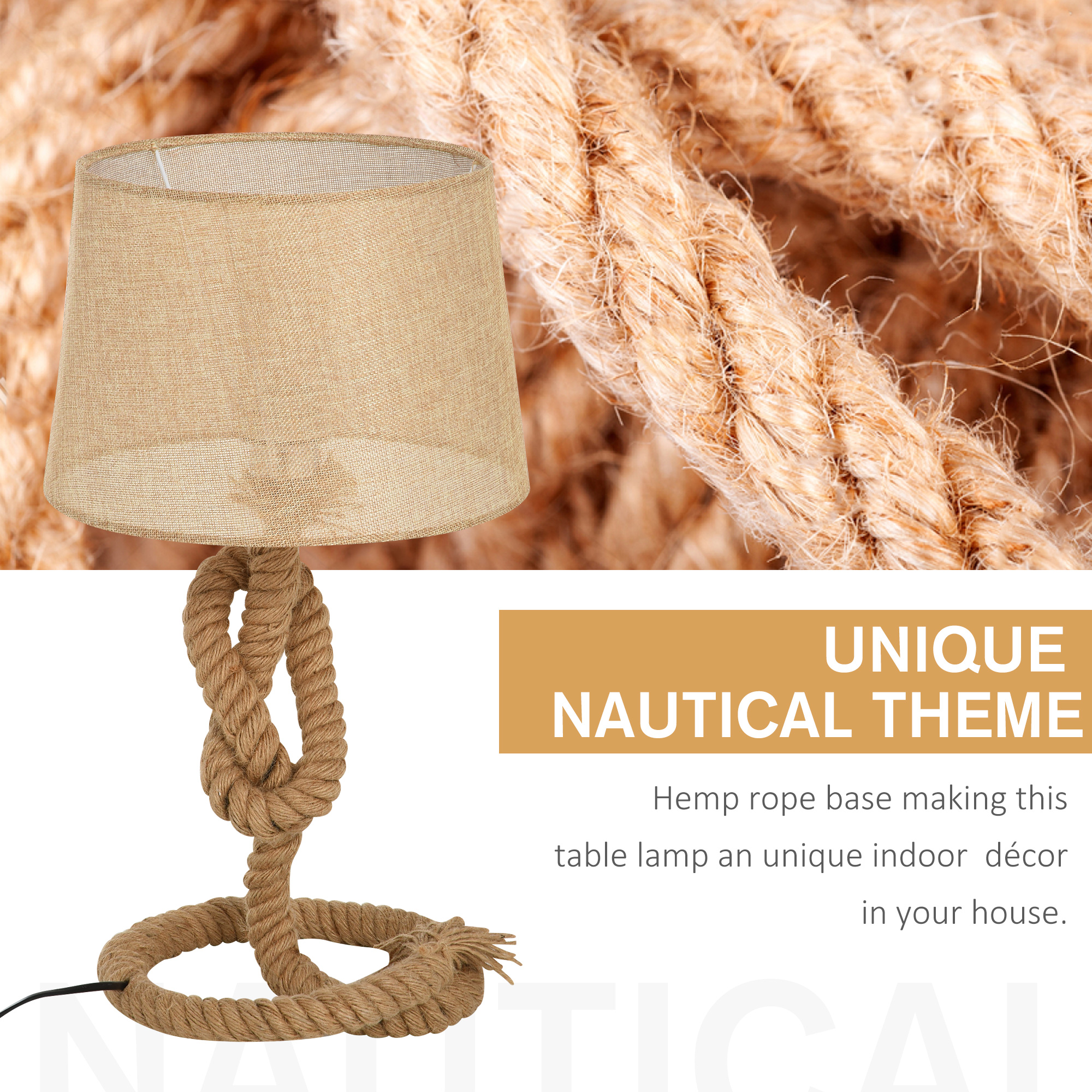 HOMCOM Nautical Style Table Lamp with Fabric Lampshade Metal Frame Power Switch, 48cm Home Desk Lamp Bedroom Living Room Study E27 Base, Beige - Image 4