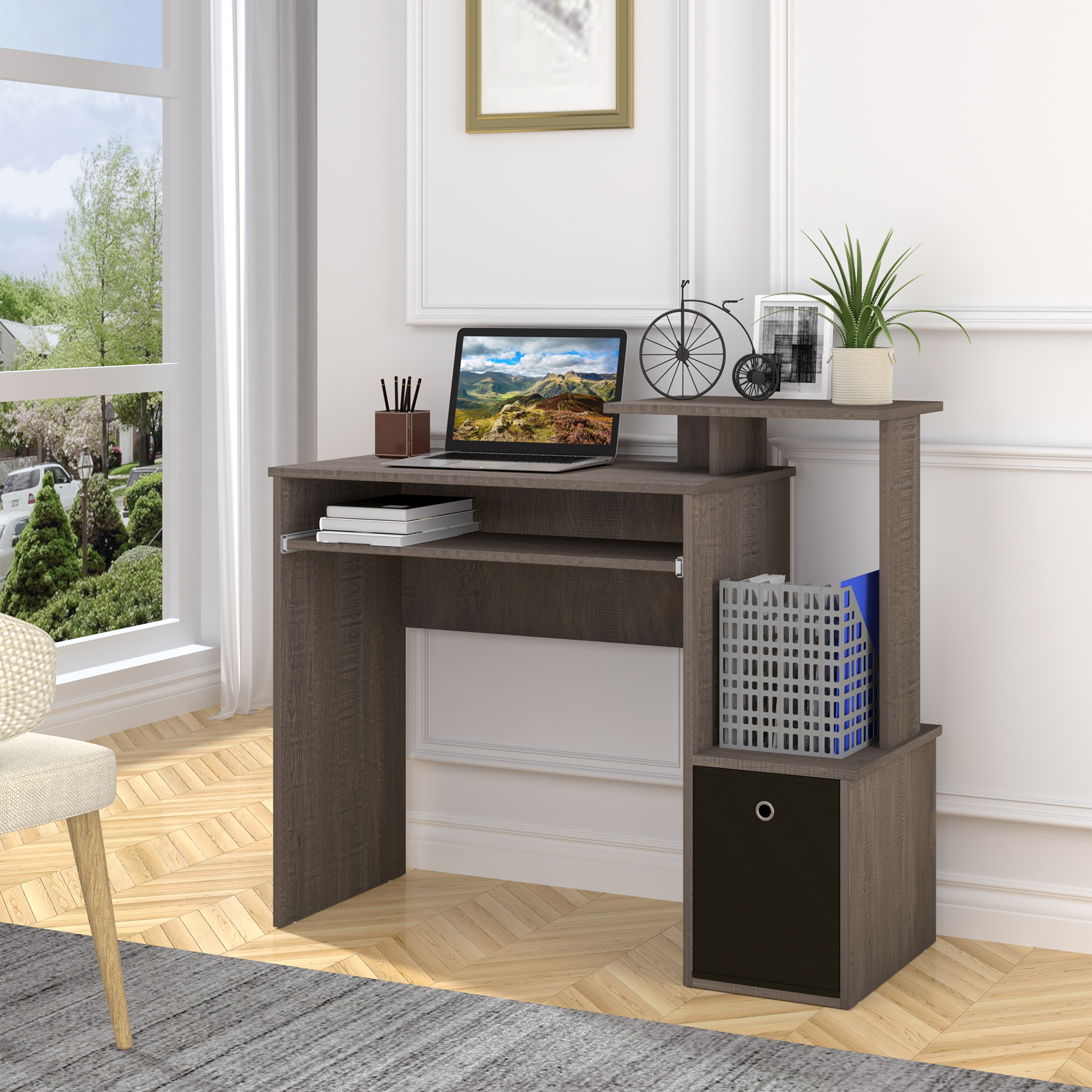 HOMCOM Computer Desk with Sliding Keyboard Tray Storage Drawer Shelf Home Office Workstation Grey - Image 2