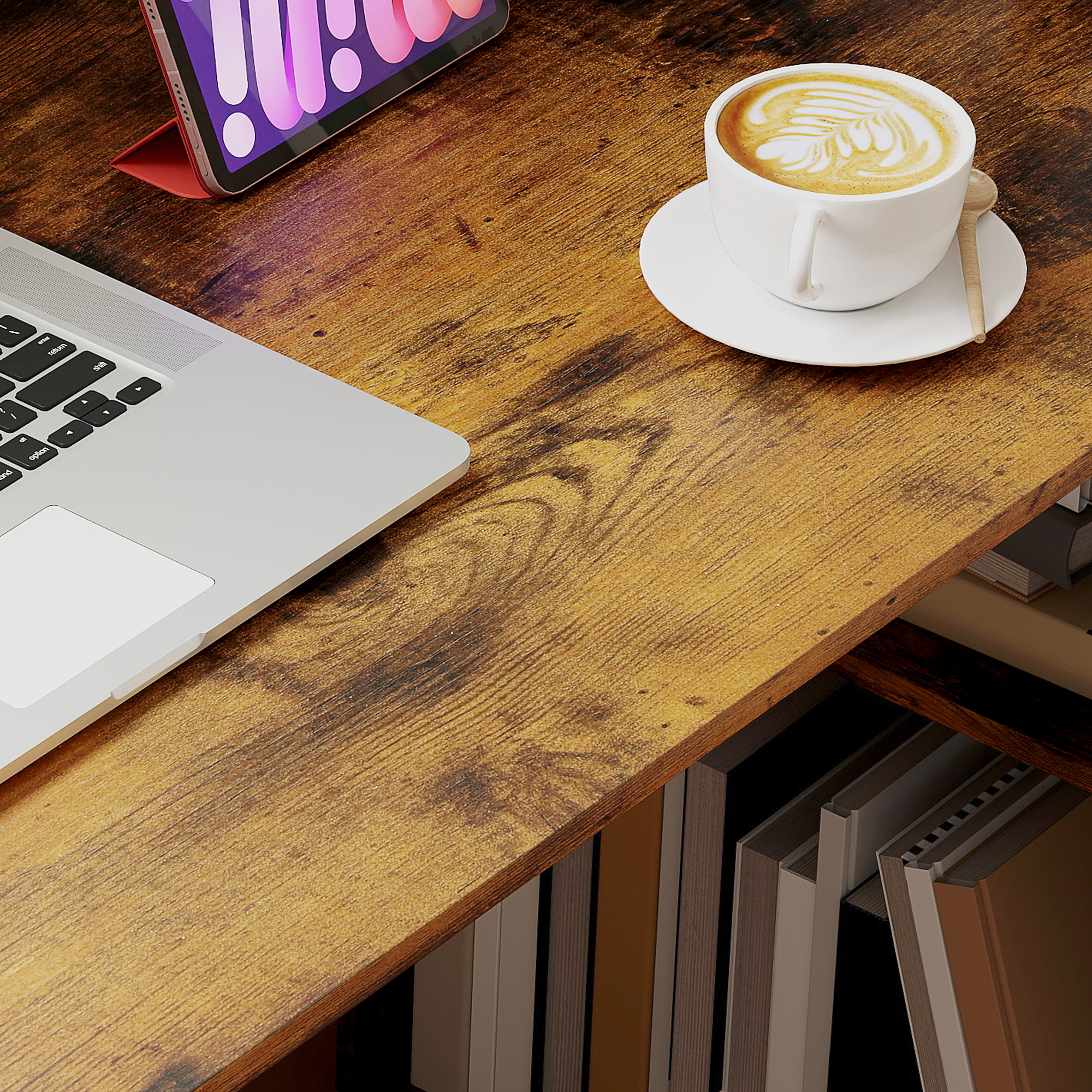 HOMCOM 120cm Computer Desk, Wooden PC Laptop Table with 6-Tier Storage Bookshelves, Home Office Working Study Desk, Writing Workstation, Rustic Brown Wood-Effect - Image 9