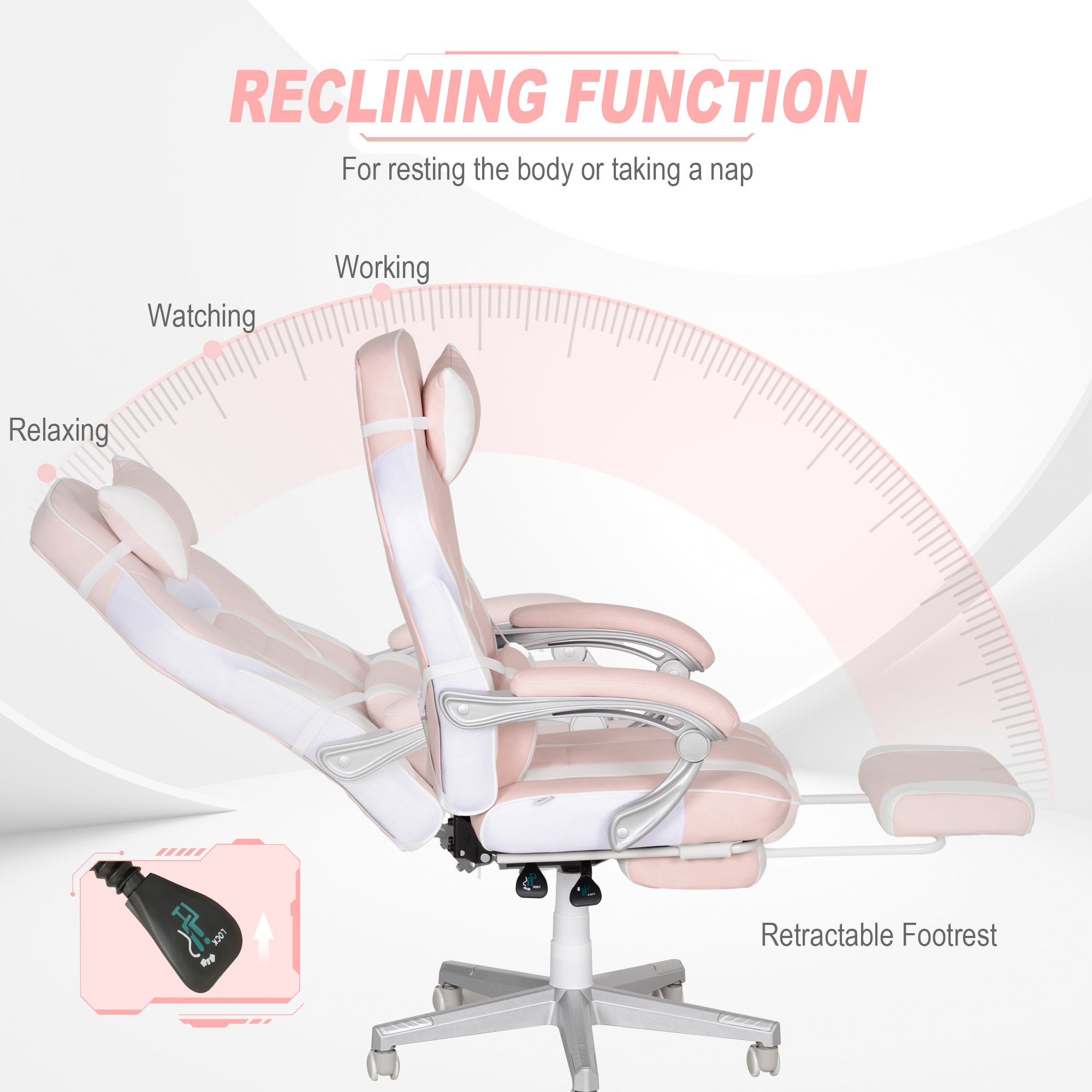 HOMCOM Faux Leather Reclining Gaming Chair, with Footrest - Pink/White - Image 5