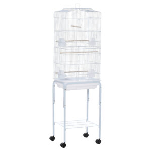 PawHut Bird Cage Budgie Cages for Finch Canary Parakeet with Stand Wheels Slide-out Tray Accessories Storage Shelf, White 46.5 x 36 x 157 cm