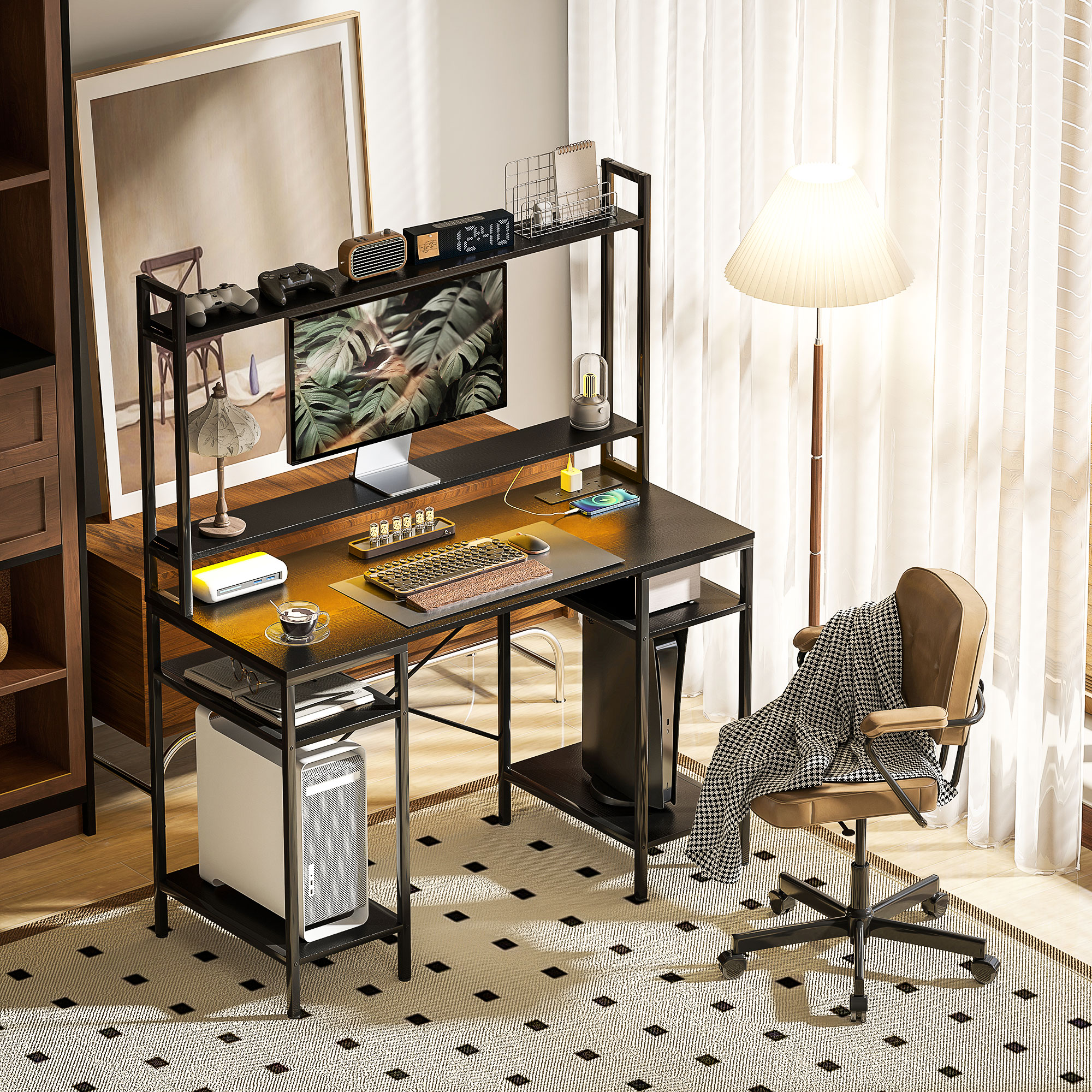 HOMCOM Computer Desk with Power Outlets and LED Lights, Home Office Desk with Monitor Stand, 2 CPU Stands and Storage Shelves, Study Table Gaming Desk with Hutch, Black - Image 9