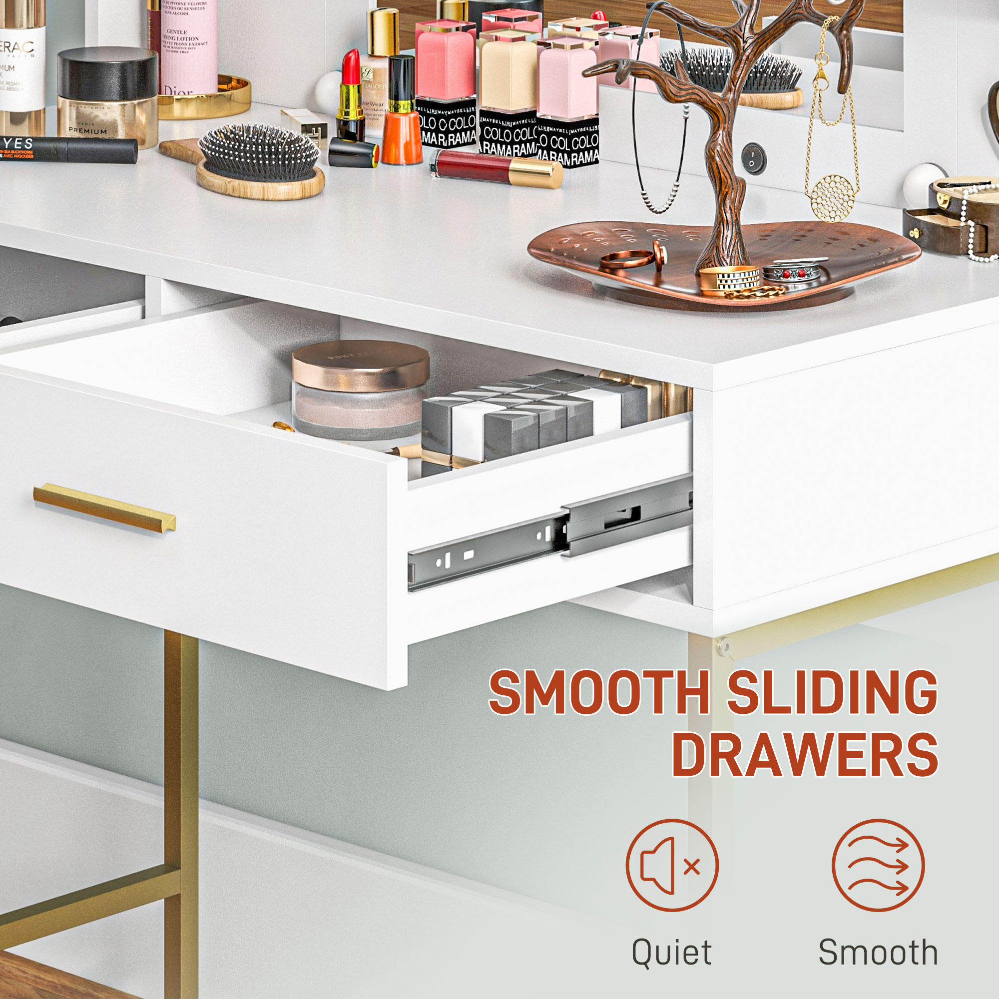 HOMCOM Dressing Table with Lighted Mirror, Cushioned Stool, Drawers, Shelves, LED Makeup Vanity Desk Set, Modern Dresser Vanity Table for Bedroom, White - Image 6