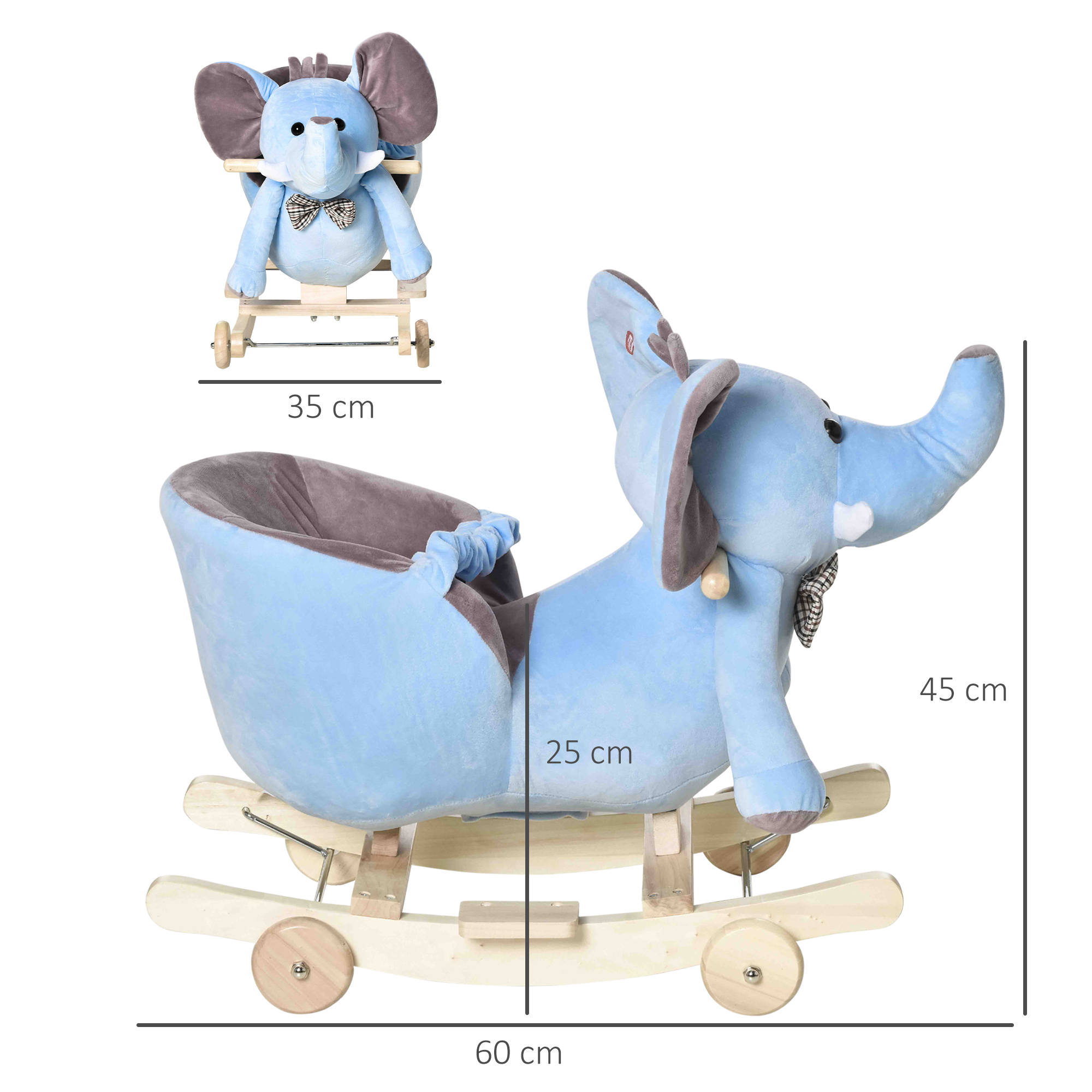 HOMCOM 2 In 1 Plush Baby Ride on Rocking Horse Elephant Rocker with Wheels Wooden Toy for Kids 32 Songs for 18+ Months (Blue) - Image 3