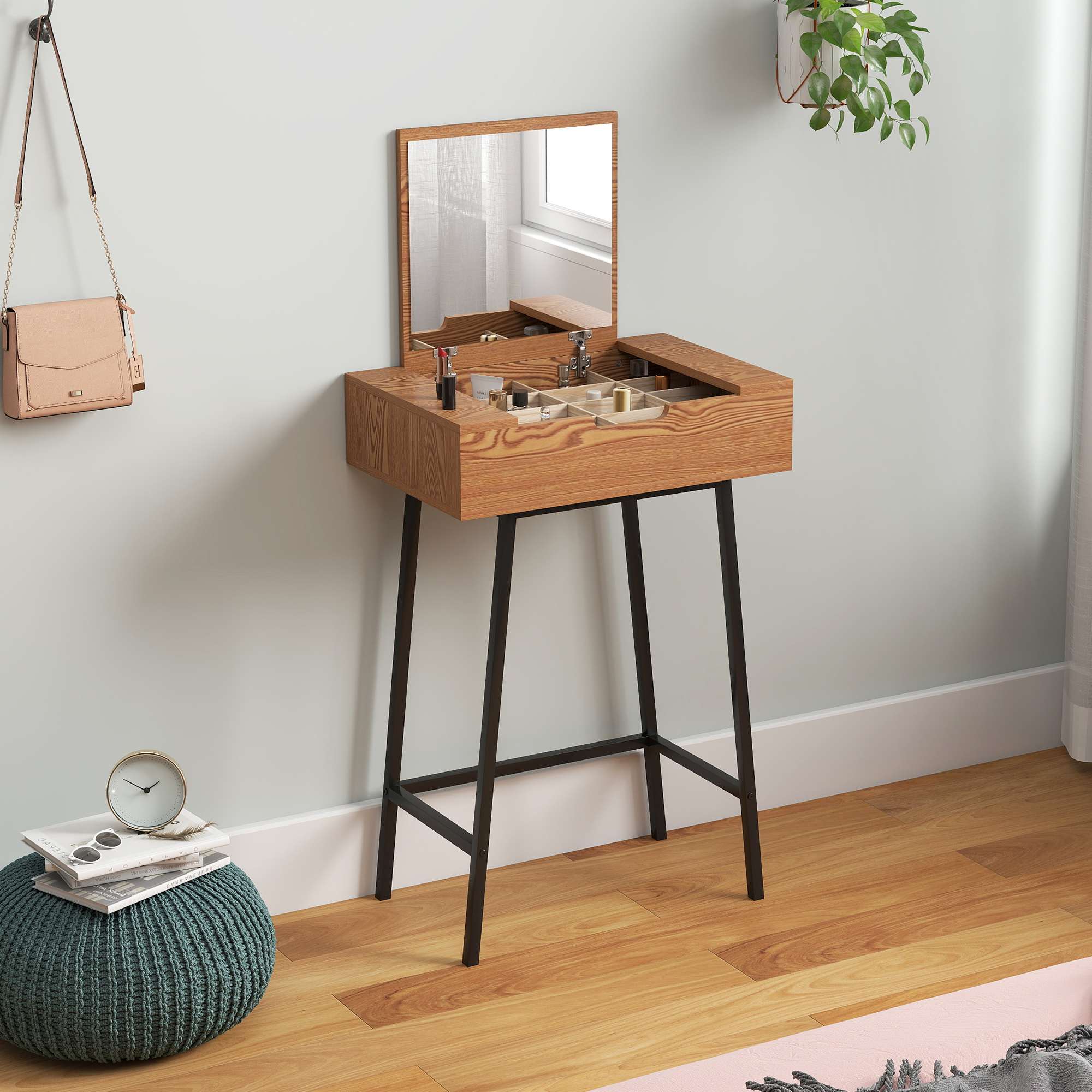 HOMCOM Vanity Desk with Flip-Up Mirror, Industrial Dressing Table with 16 Small Compartments for Bedroom, Natural Wood Effect - Image 2