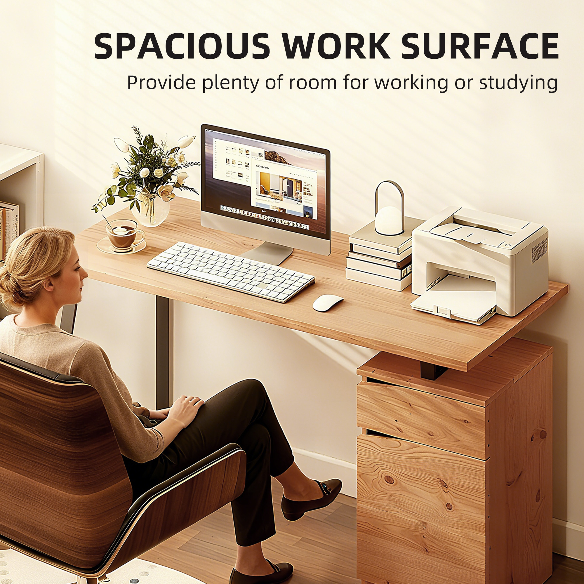 HOMCOM Computer Desk, Writing Desk with Cabinet, Drawer, Metal Legs, Work Table for Home Office Study, Natural Wood Finish - Image 4