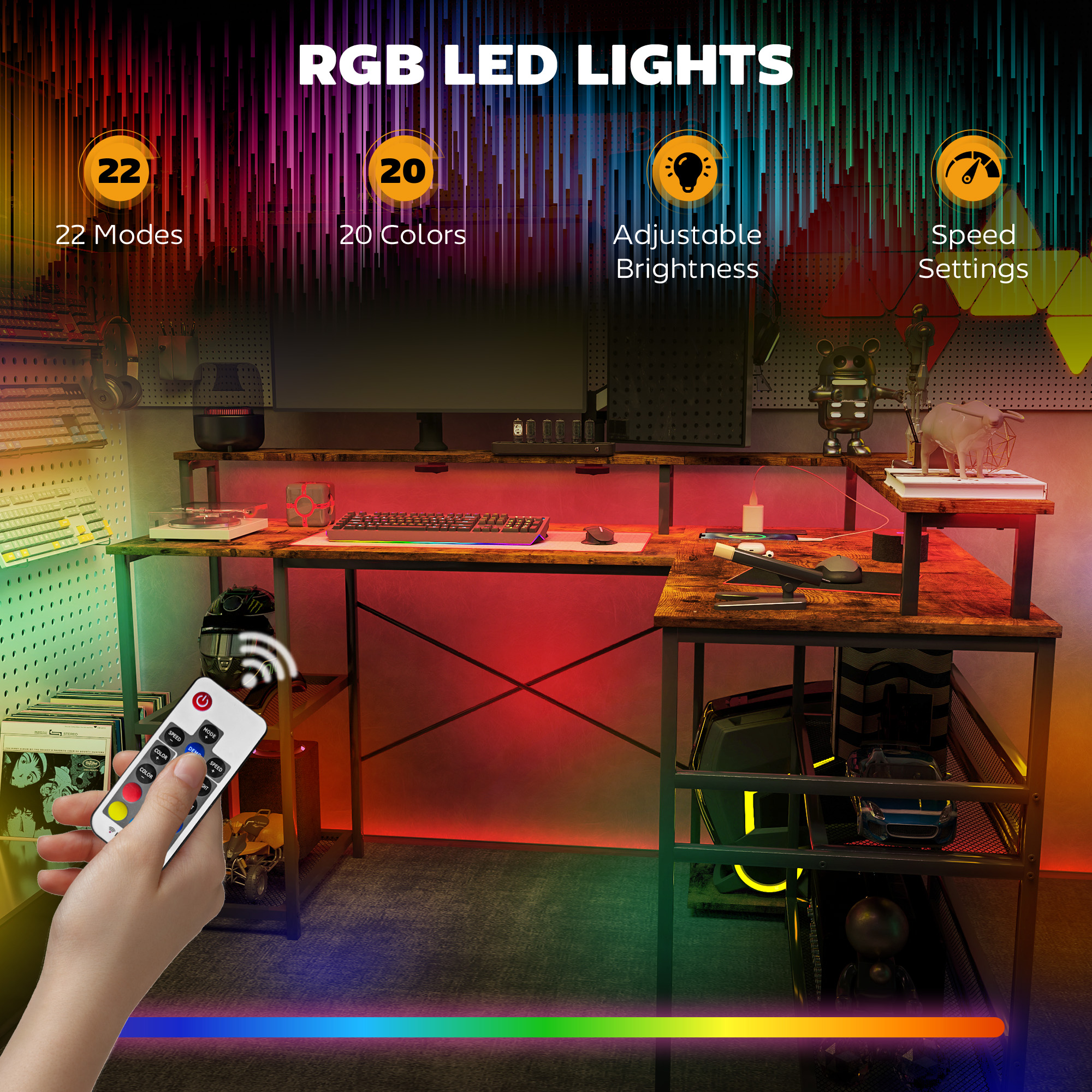 HOMCOM LED Light 'L' Computer Desk, with Shelves - Brown - Image 4