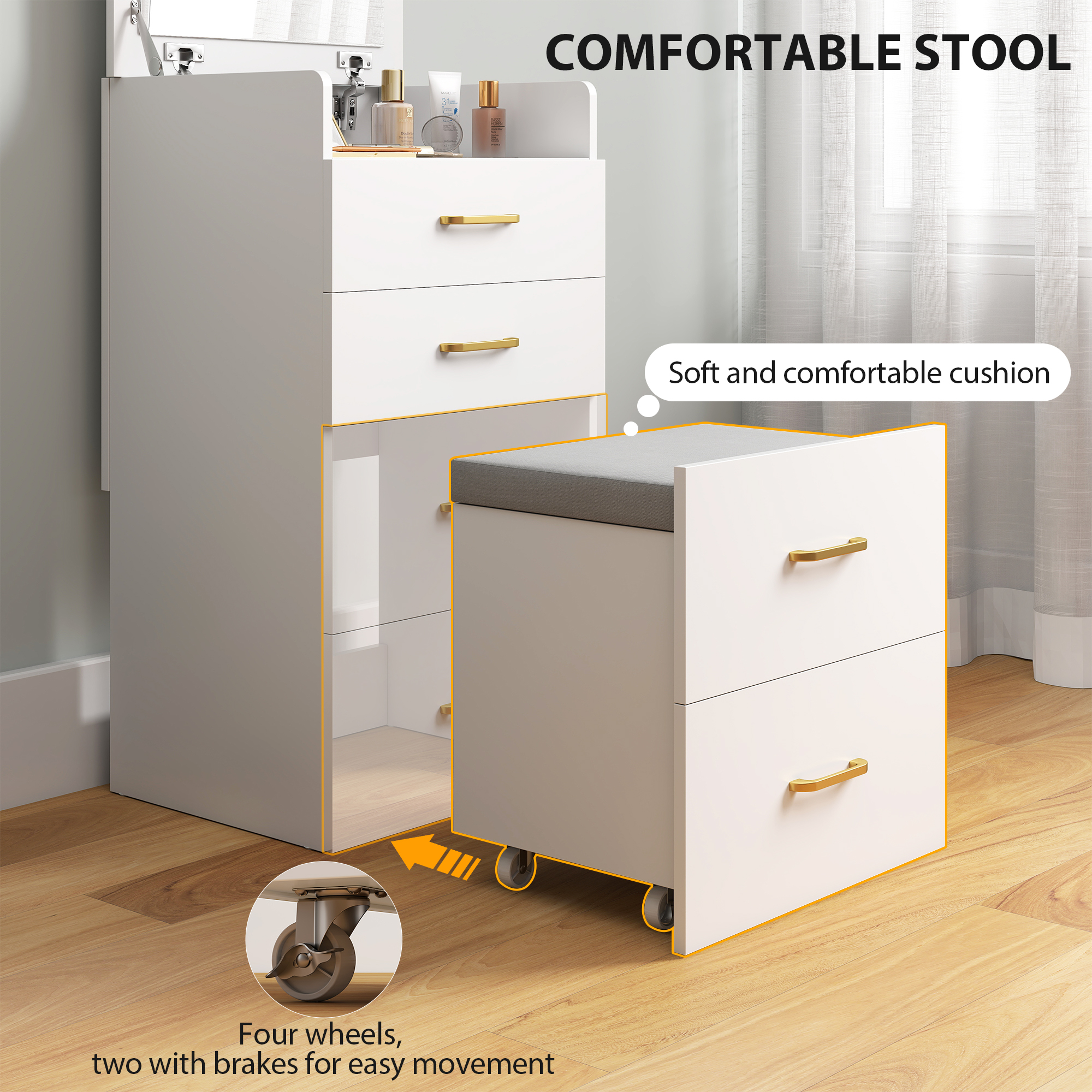 HOMCOM Compact Dressing Table and Stool Set, with Storage - White - Image 5