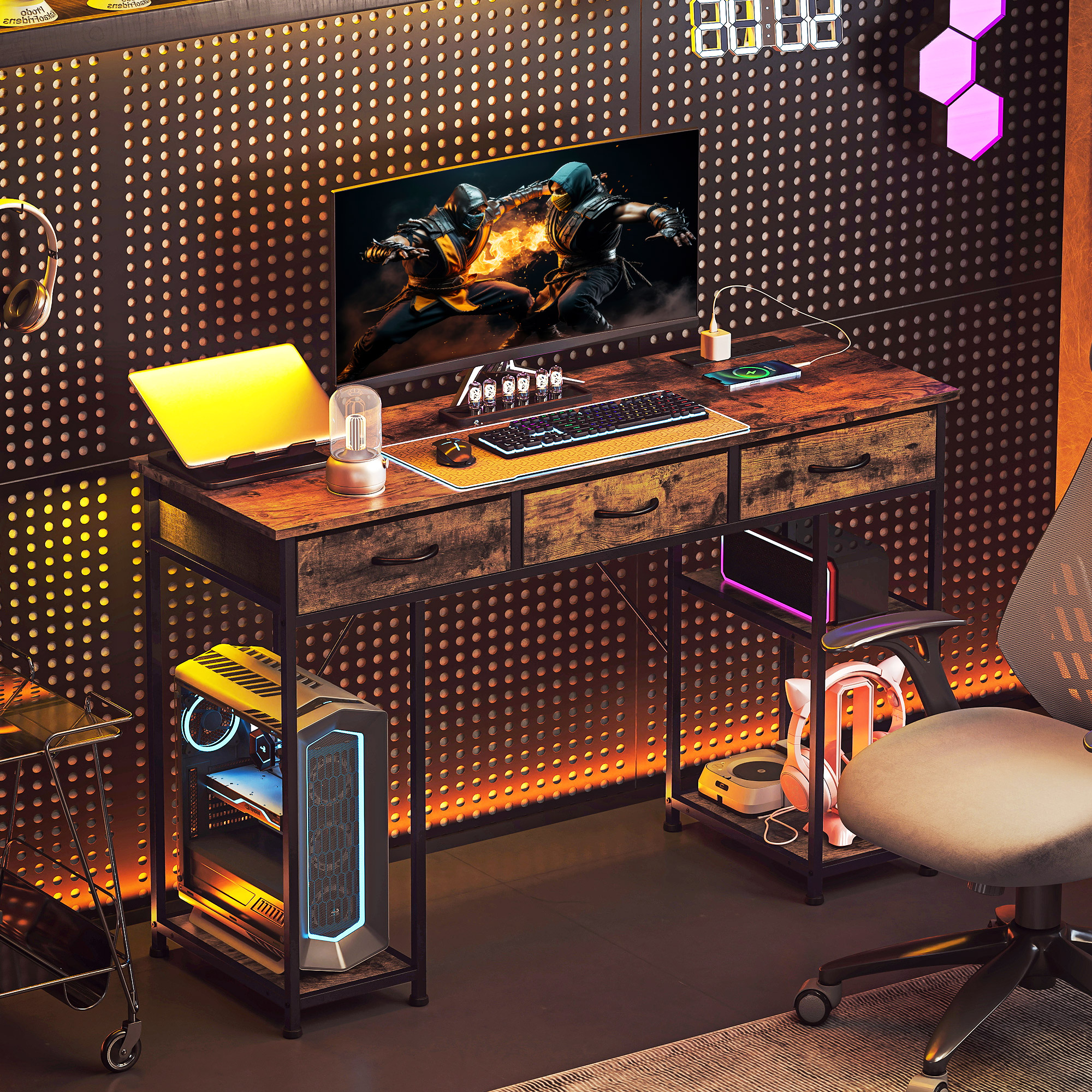 HOMCOM 120cm Computer Desk with Power Outlets, Office Desk Study Table with Fabric Drawers and Storage Shelves, Rustic Brown - Image 9