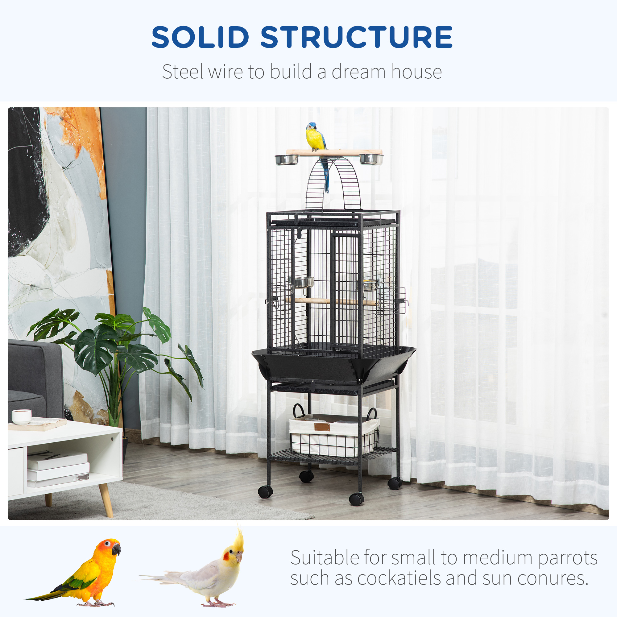 PawHut 156cm Bird Cage,Large Parrot Cage with Open Play Top, Perch, Seed Guard, Wheels, Storage Shelf, Dark Grey - Image 7