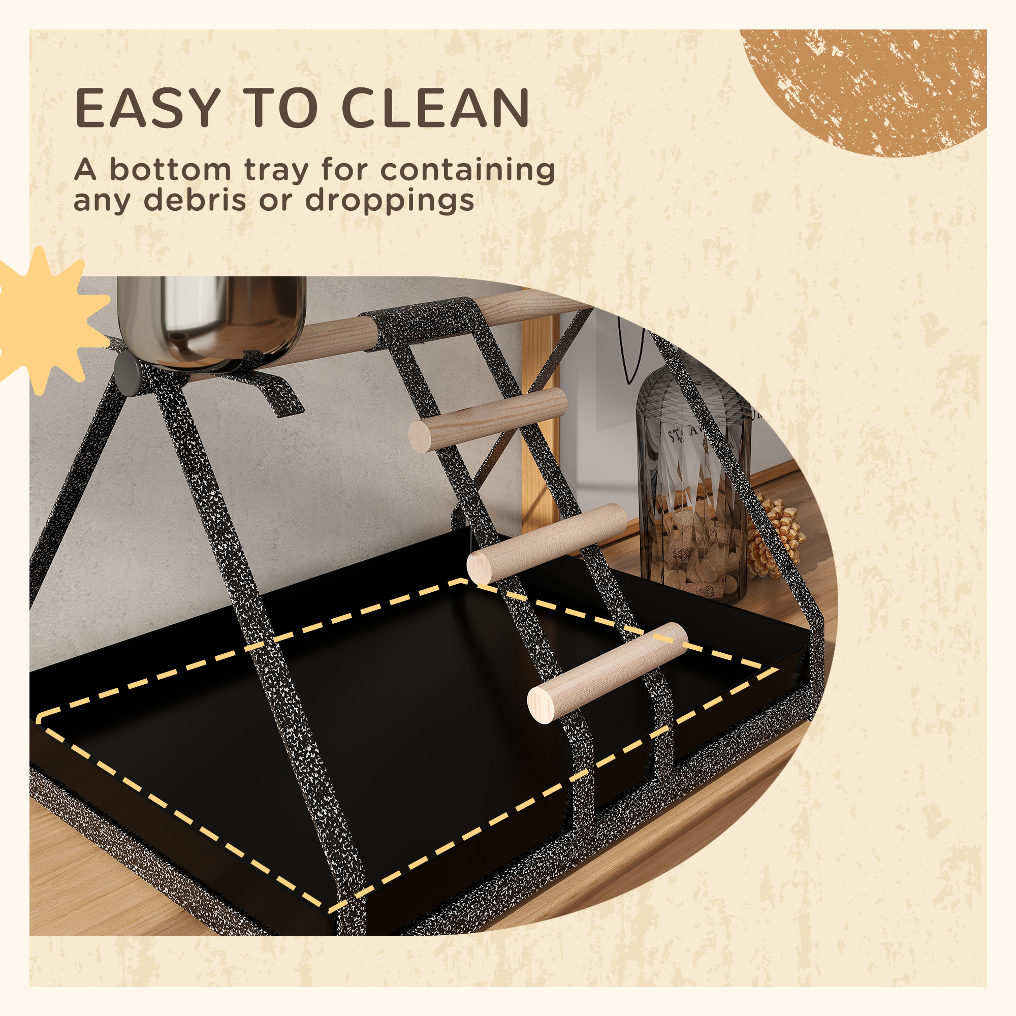 PawHut Parrot Stand Bird Stand w/Wood Perch Ladder Feeder Removable Tray - Image 5