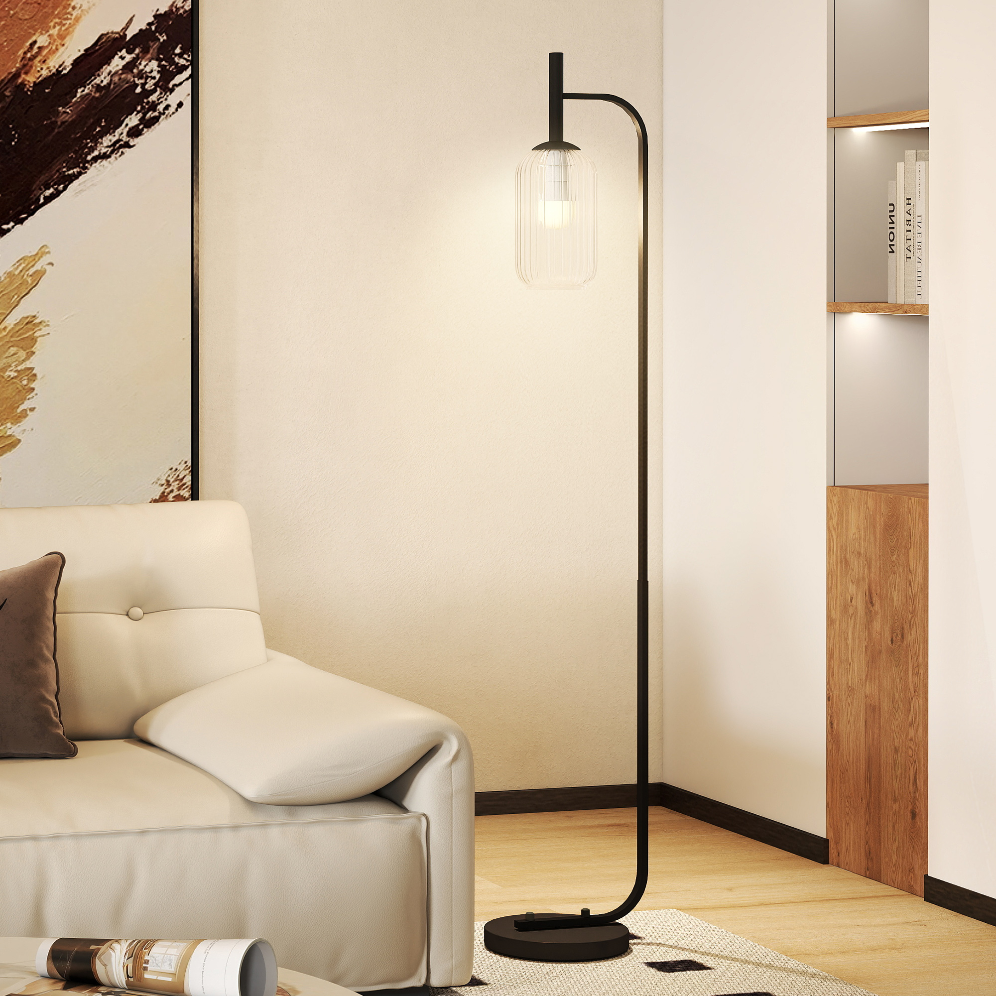 HOMCOM Floor Lamp for Living Room with Glass Lampshade, Modern Standing Lamp with Foot Switch for Bedroom, Bulb not Included, Black - Image 9