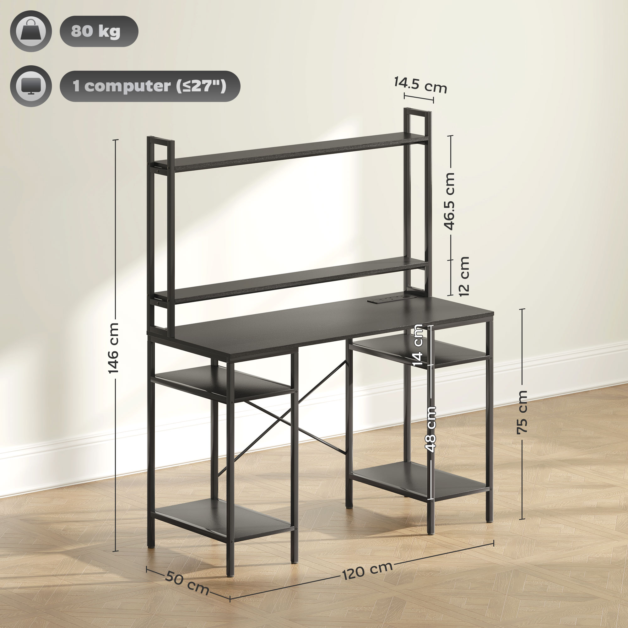 HOMCOM Computer Desk with Power Outlets and LED Lights, Home Office Desk with Monitor Stand, 2 CPU Stands and Storage Shelves, Study Table Gaming Desk with Hutch, Black - Image 3