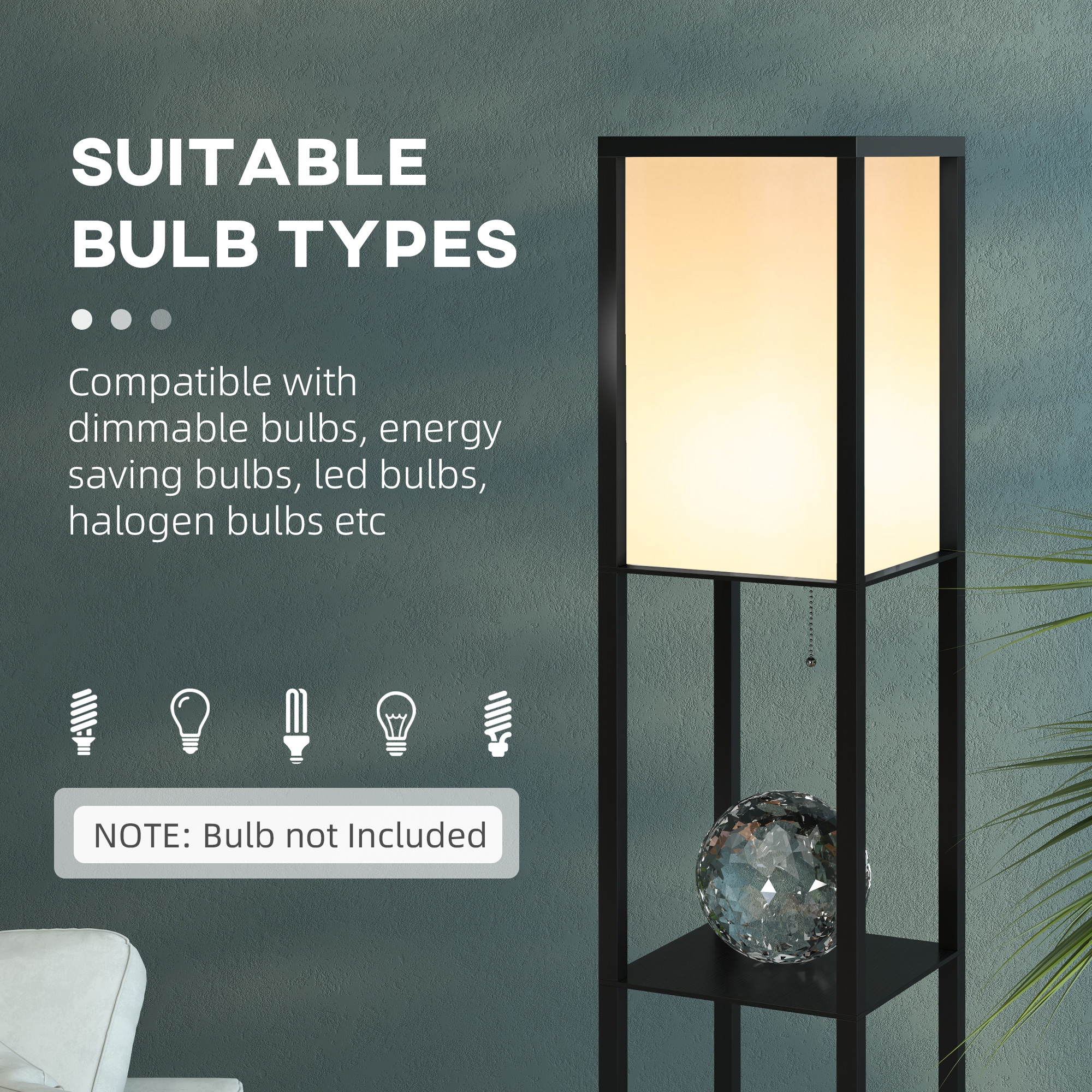 HOMCOM Floor Lamp with Shelves and Top Light, Modern Corner Standing Lamp with TC Fabric Lampshade for Living Room, Bedroom, Bulb not Included, Black - Image 6