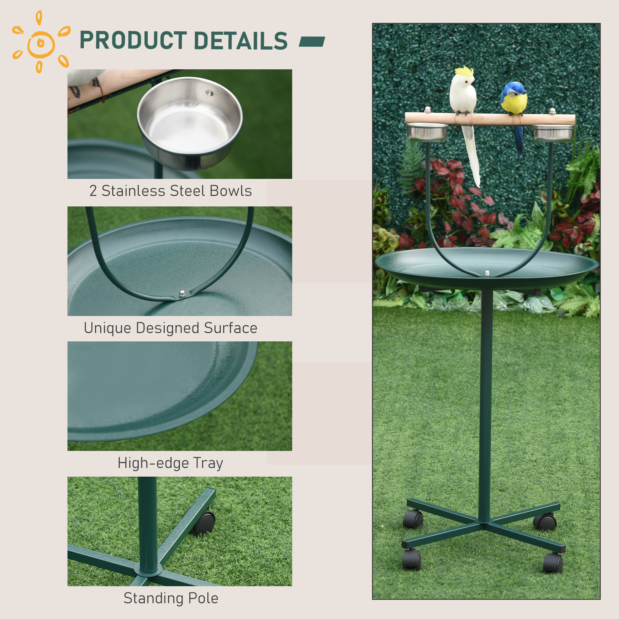 PawHut Bird Perch Stand with Four Wheels, Feeding Bowls, for Small, Medium Birds, Green - Image 5