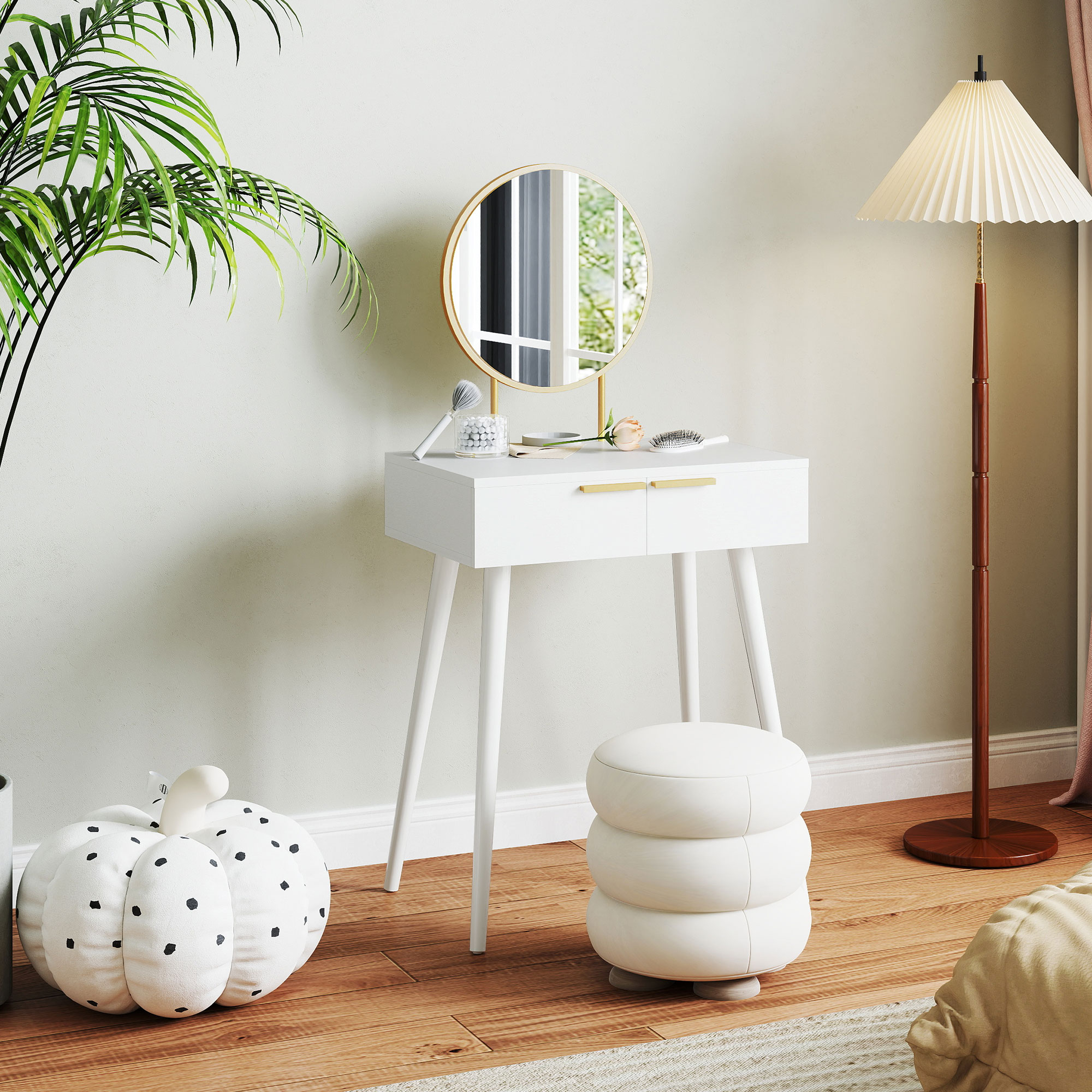 HOMCOM Elegant Dressing Table, with Round Mirror, 60 x 40 x 123 cm - White - Image 6