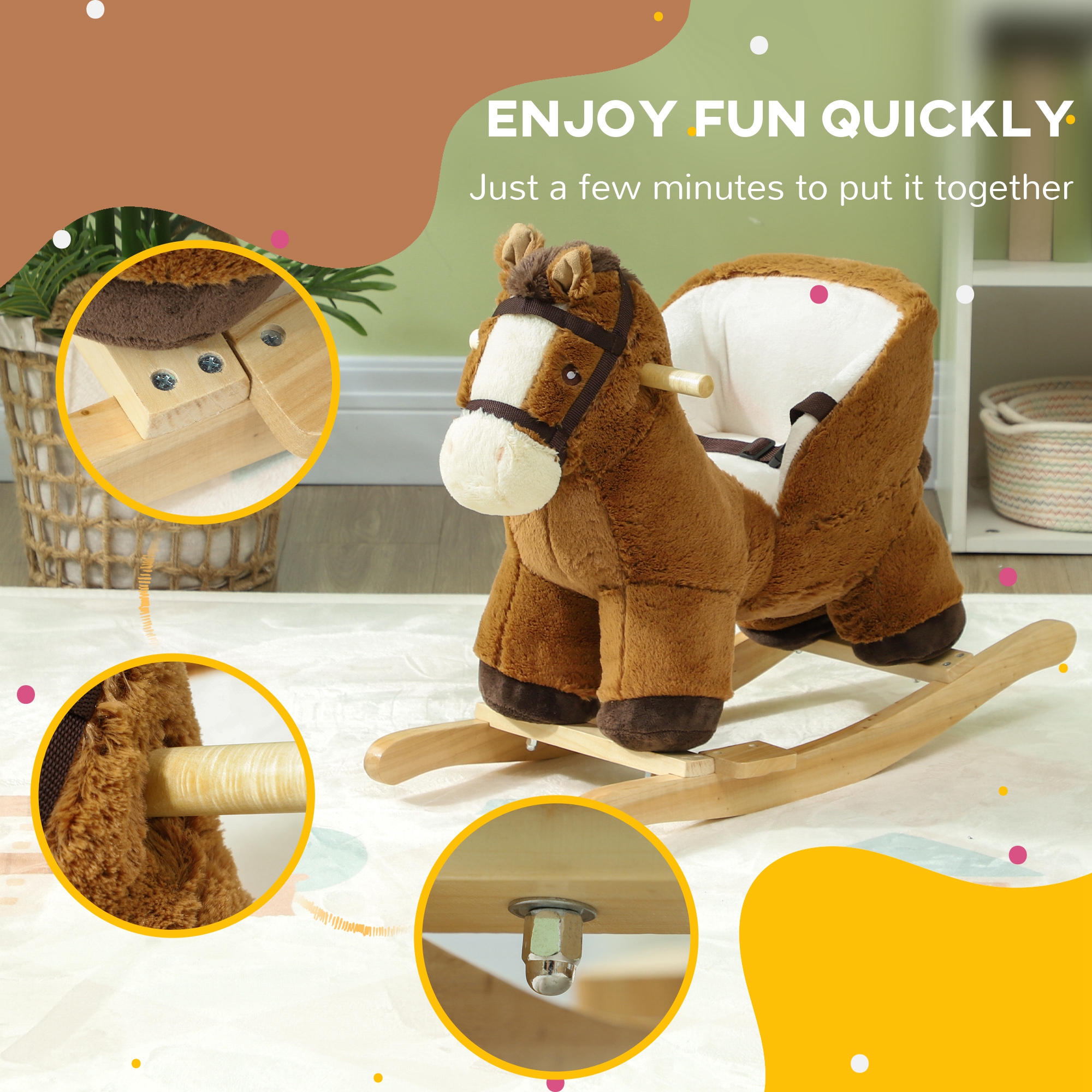 AIYAPLAY Kids Rocking Horse, Plush Ride on Horse, with Sound, Wood Base, for Ages 18-36 Months, Brown - Image 7