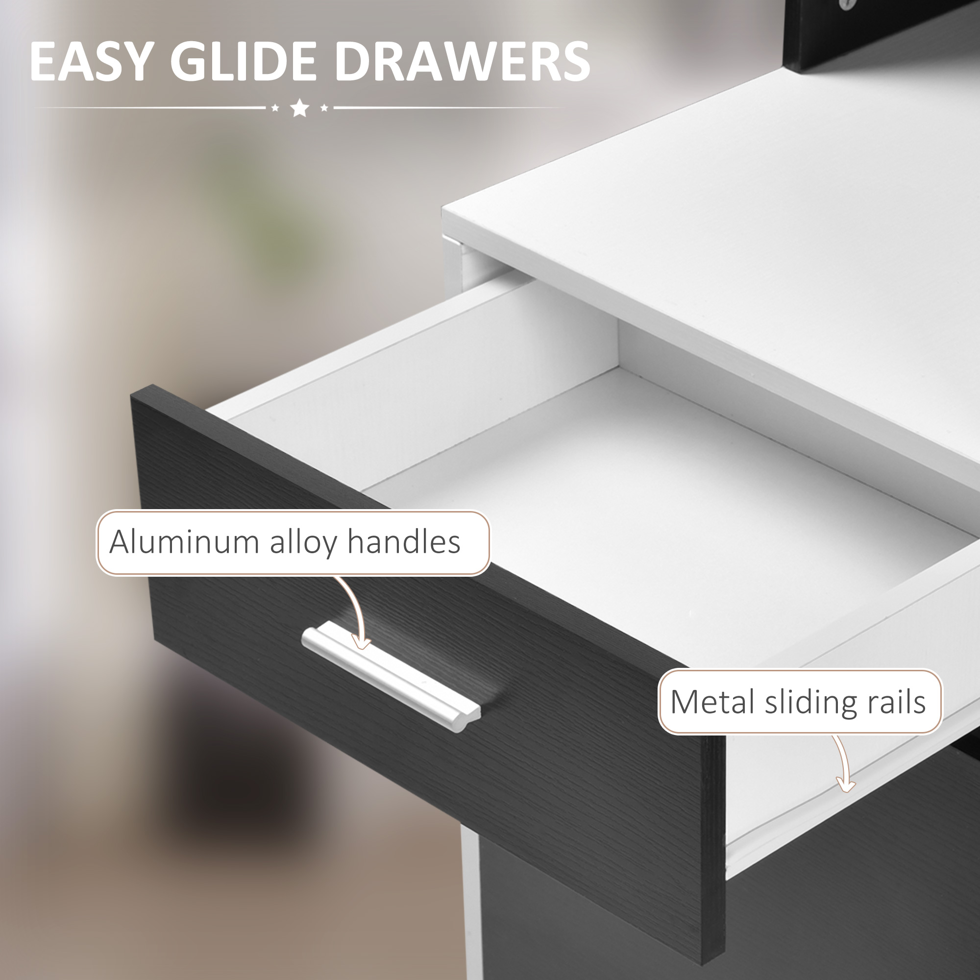 HOMCOM Computer Desk with Drawers and Storage Shelves, Office Desk Writing Table with Printer Stand, Large Workstation for Study Play Work Home Office, 137 x 55 x 92cm, Black and White - Image 6