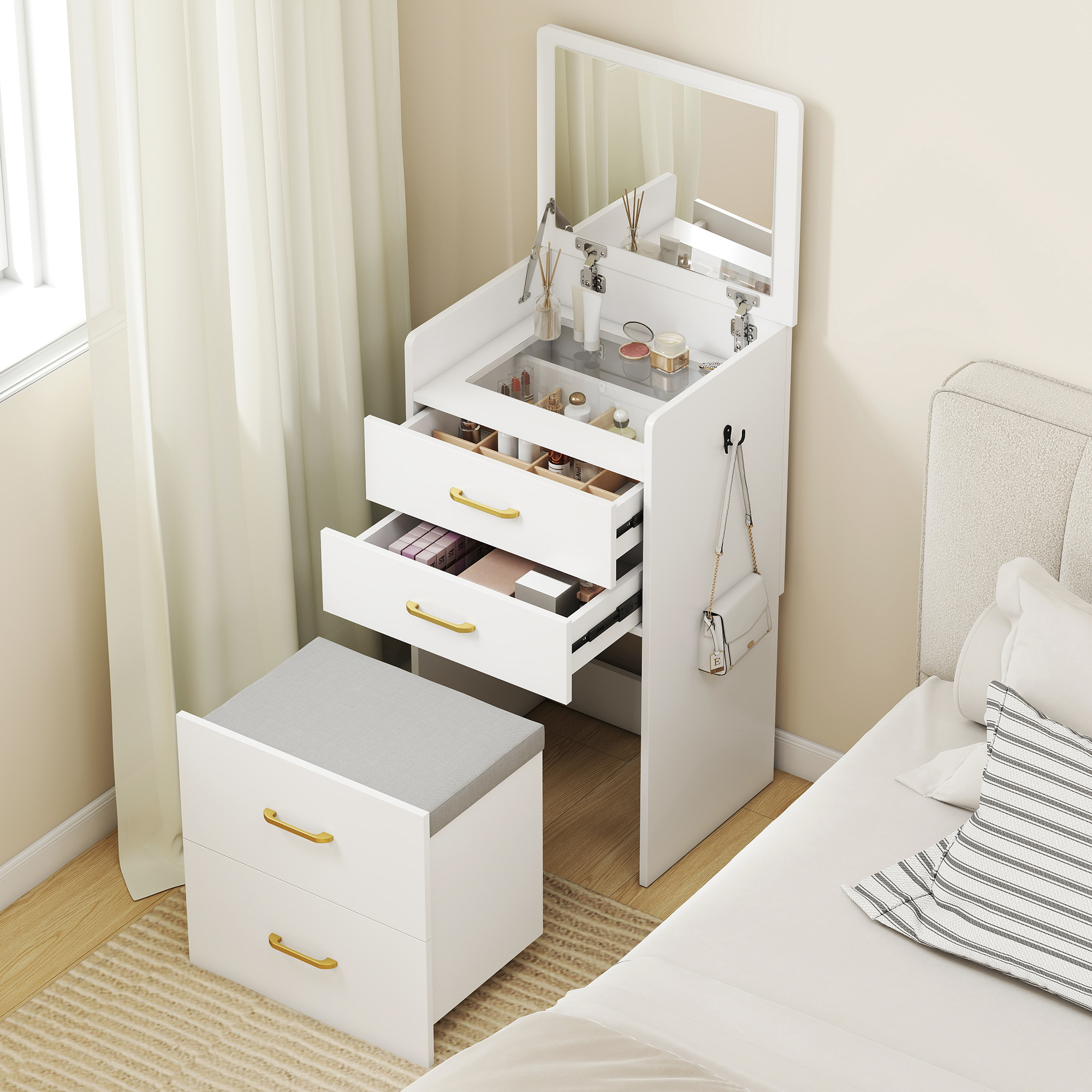 HOMCOM Compact Dressing Table and Stool Set, with Storage - White - Image 2