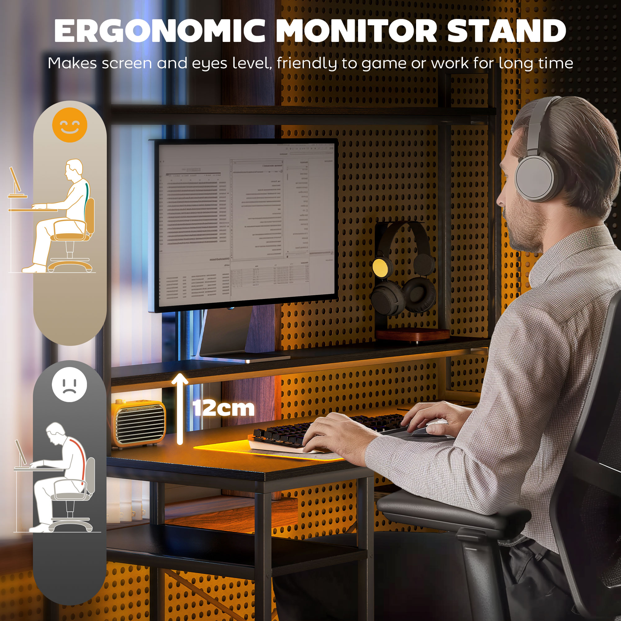 HOMCOM Computer Desk with Power Outlets and LED Lights, Home Office Desk with Monitor Stand, 2 CPU Stands and Storage Shelves, Study Table Gaming Desk with Hutch, Black - Image 6