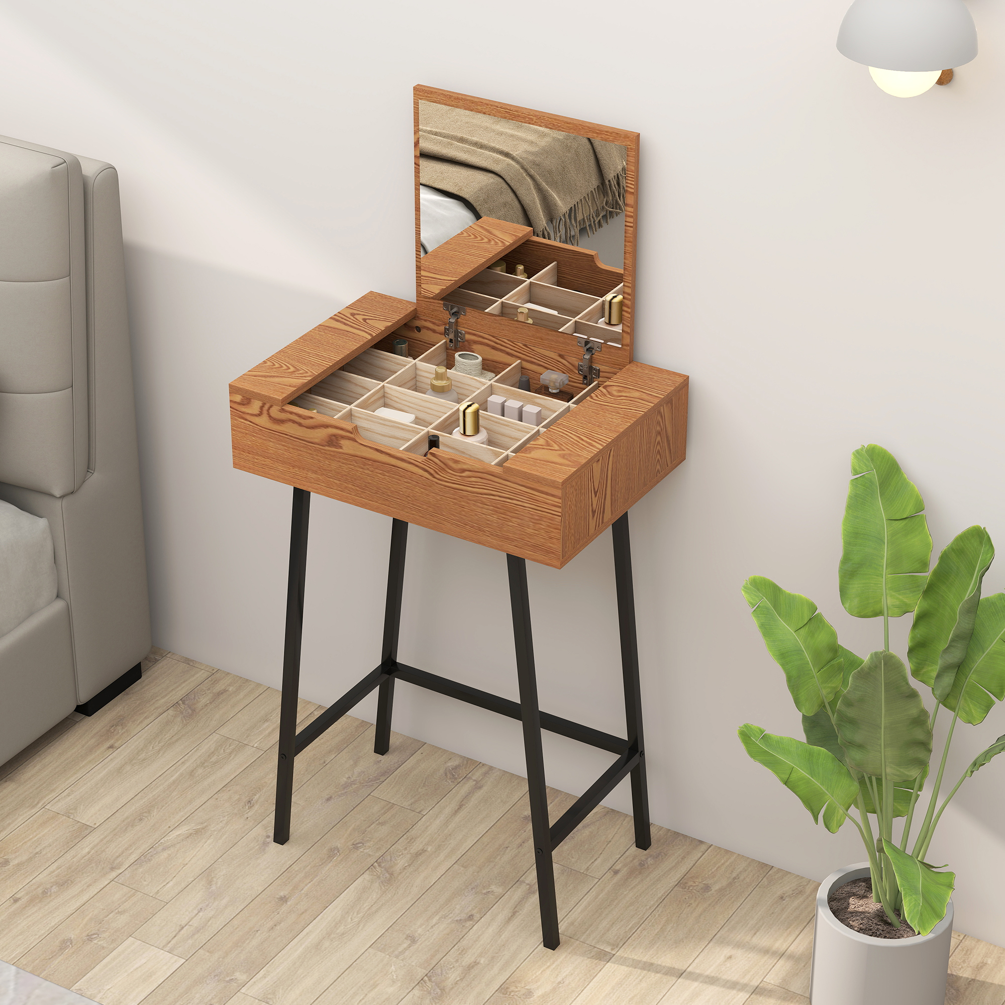 HOMCOM Vanity Desk with Flip-Up Mirror, Industrial Dressing Table with 16 Small Compartments for Bedroom, Natural Wood Effect - Image 9