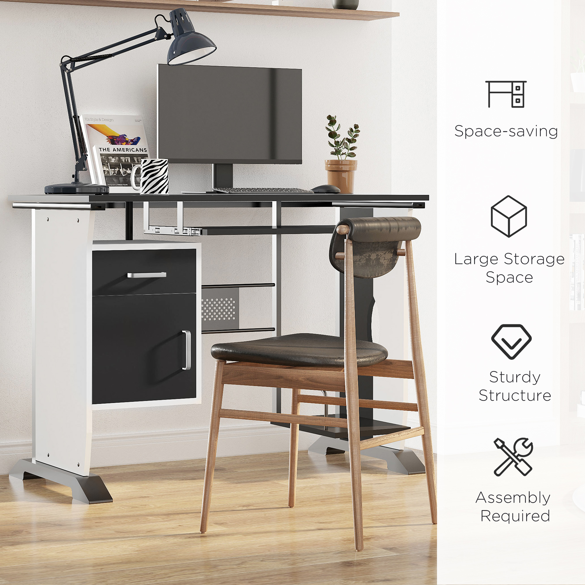 HOMCOM Computer Desk with Sliding Keyboard Tray, Storage Drawers and Host Box Shelf, Home Office Desk, Study Workstation, 100 x 52 x 75cm, Black - Image 7