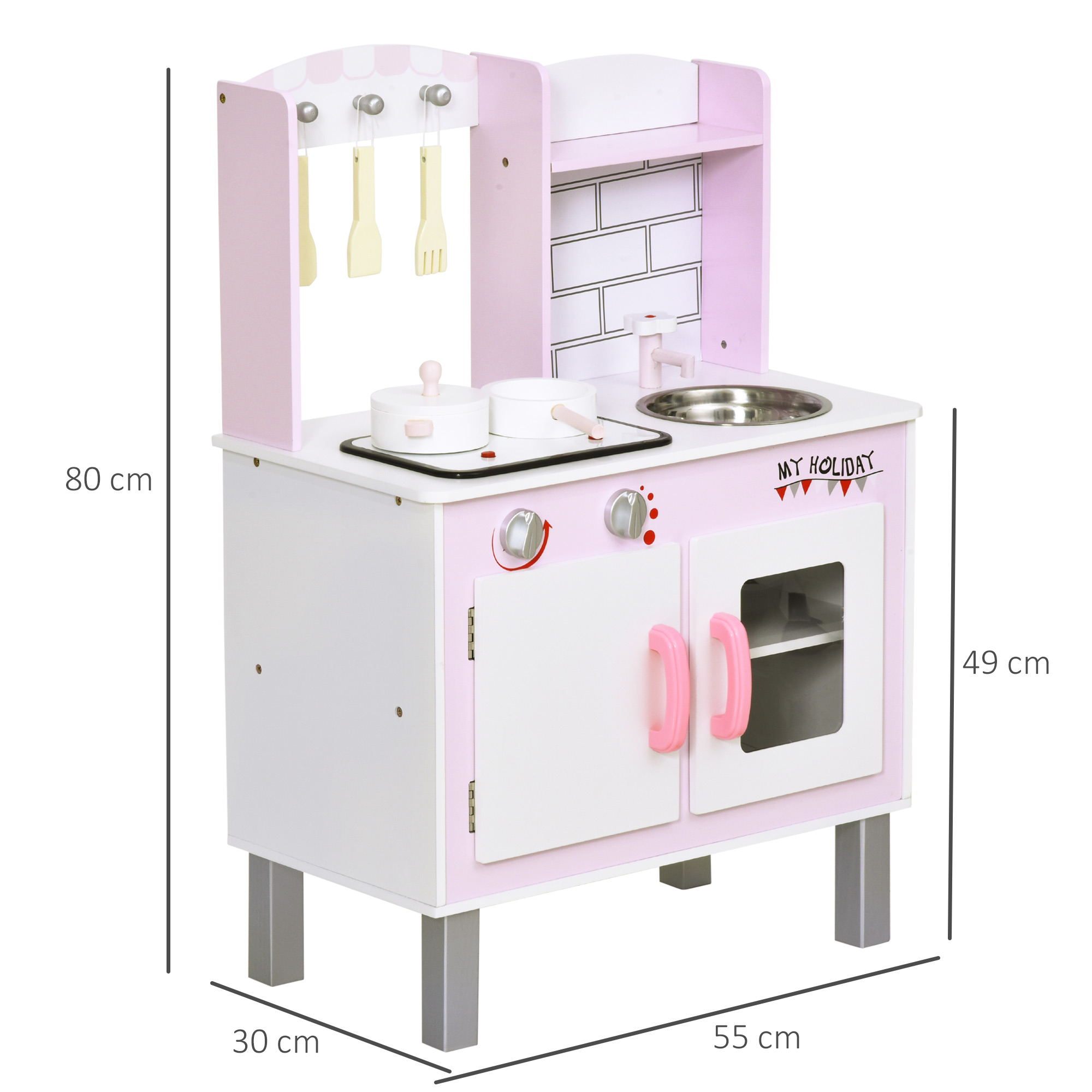 HOMCOM Kids Pretend Kitchen Playset w/ Cooking Toy Accessories - Pink - Image 3
