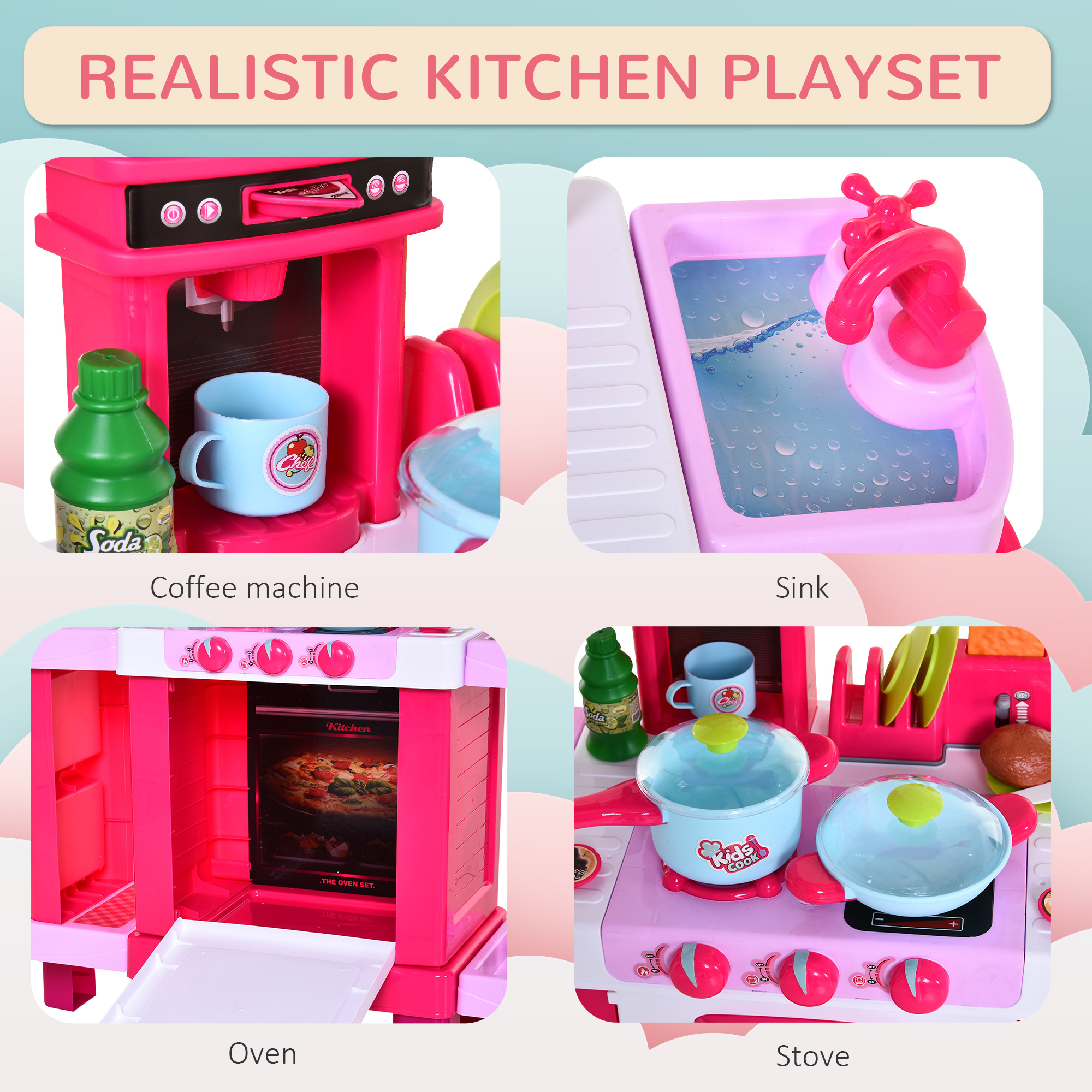 HOMCOM 38 Pcs Kids Children Kitchen Play Set w/ Realistic Sounds Lights Food Utensils Pots Pans Appliances Toy Game Pink - Image 7