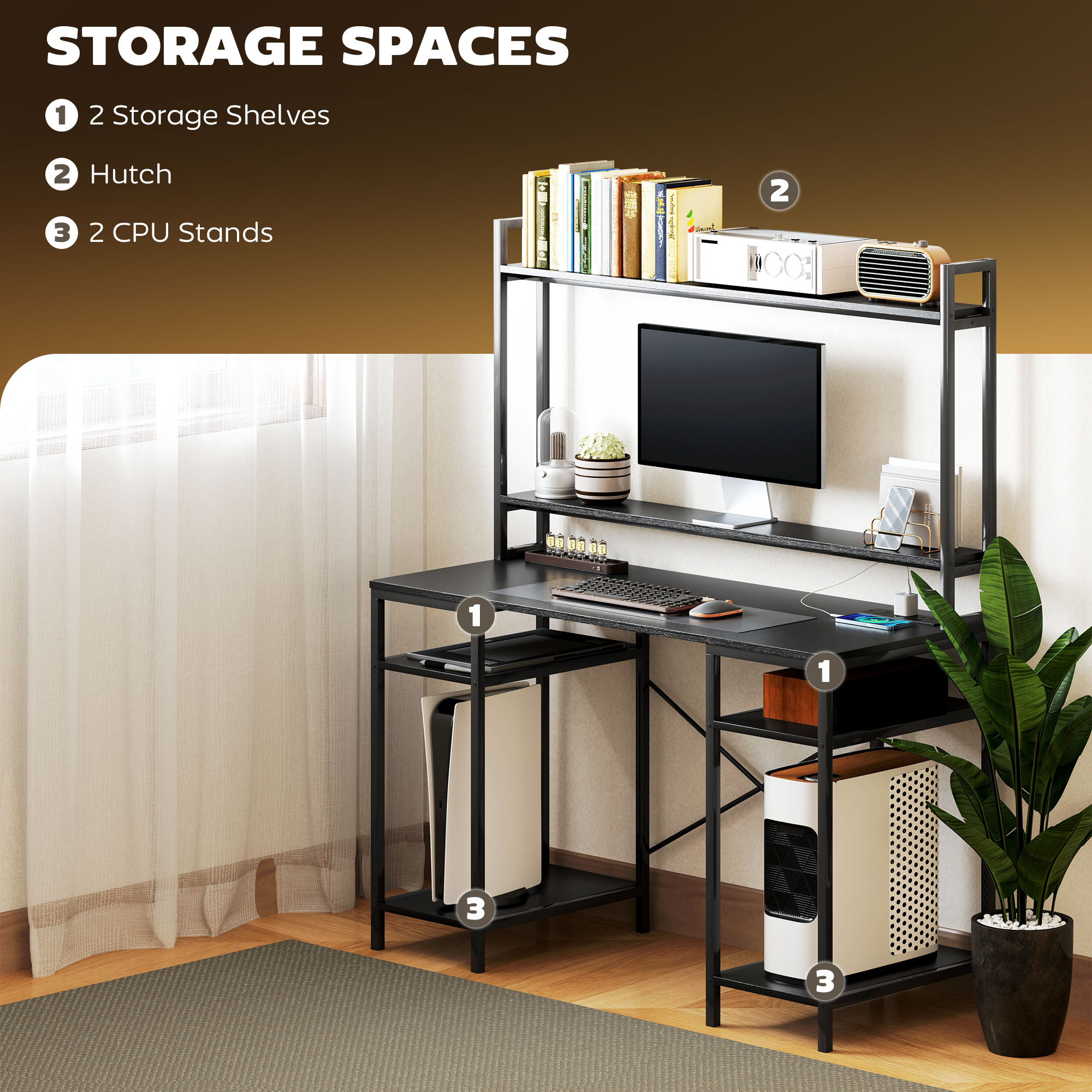 HOMCOM Computer Desk with Power Outlets and LED Lights, Home Office Desk with Monitor Stand, 2 CPU Stands and Storage Shelves, Study Table Gaming Desk with Hutch, Black - Image 7