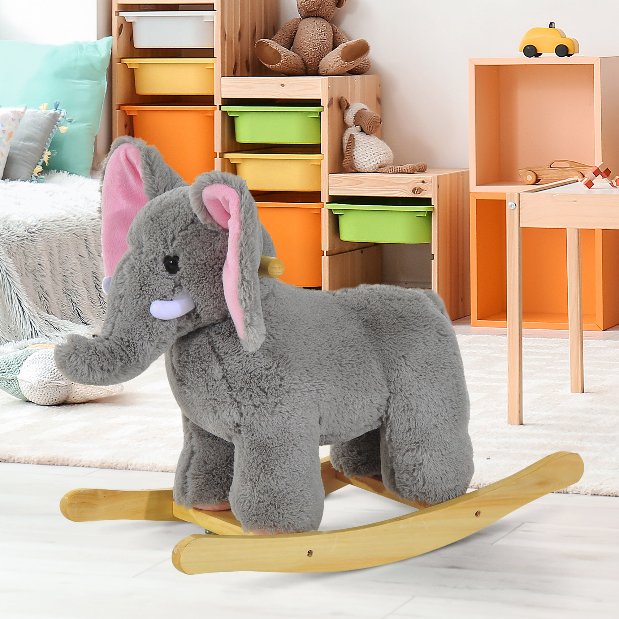 HOMCOM Kids Children Rocking Horse Plush Ride on Animal Wooden Riding Traditional Rocker Gift w/32 nursery rhymes (Grey Elephant) - Image 2