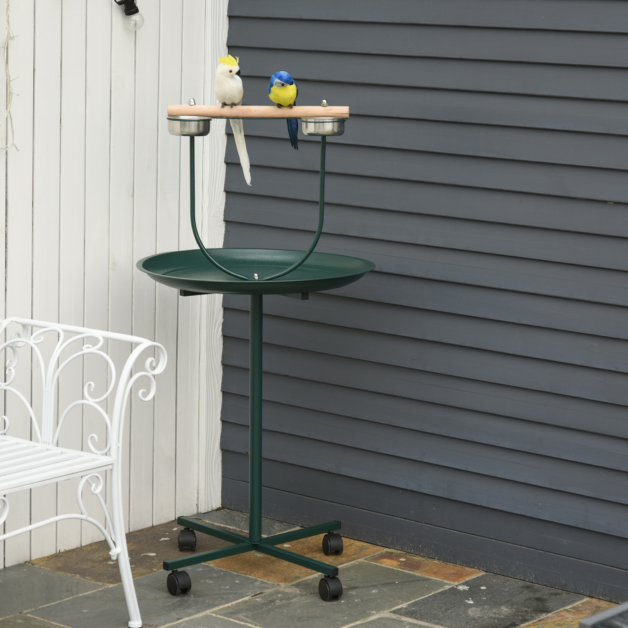 PawHut Bird Perch Stand with Four Wheels, Feeding Bowls, for Small, Medium Birds, Green - Image 2