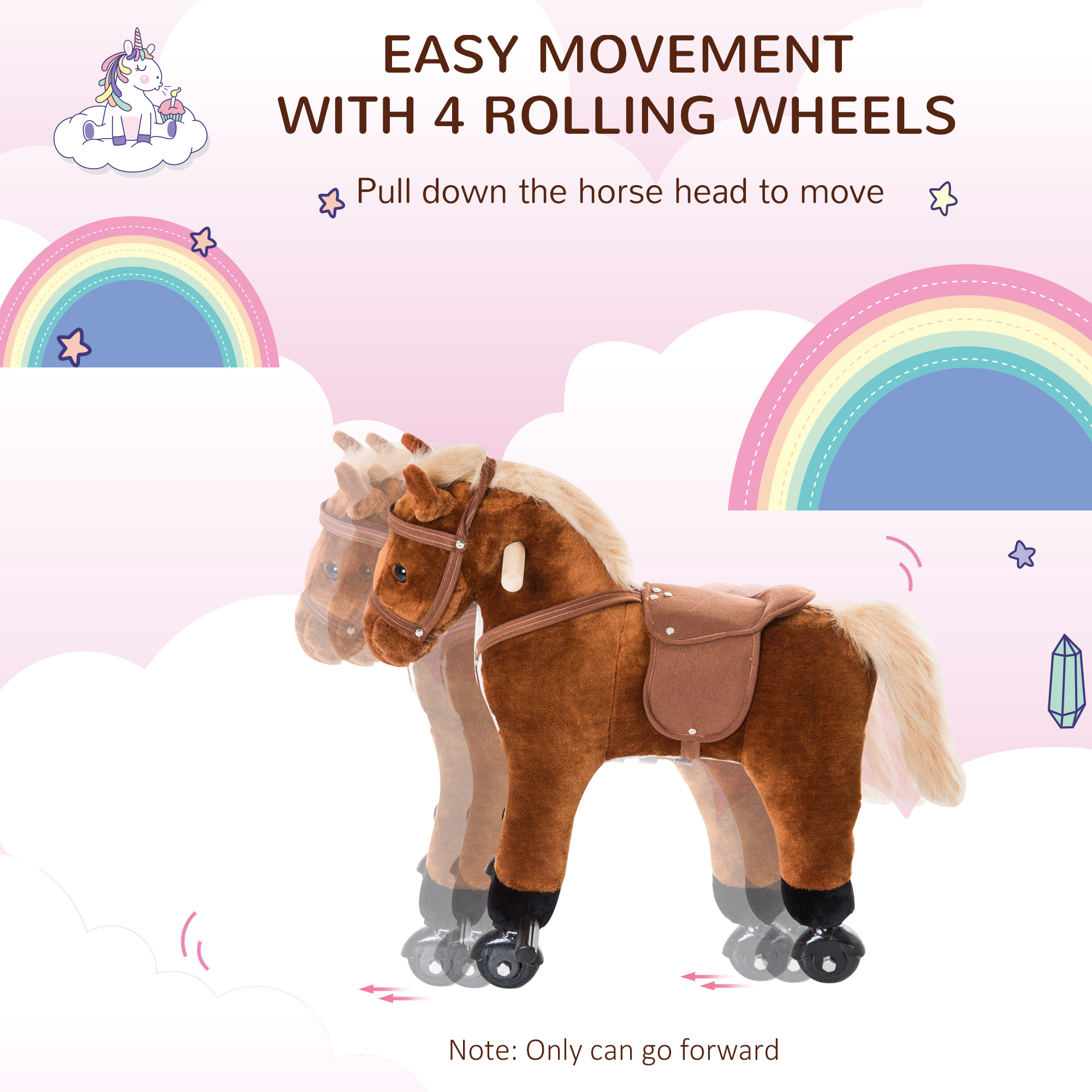 HOMCOM Rocking Horse Kids Ride on Walking Horse Animal Pony Wheeled Riding Plush Toy w/Sound for 2 Years and Up (Brown) - Image 4