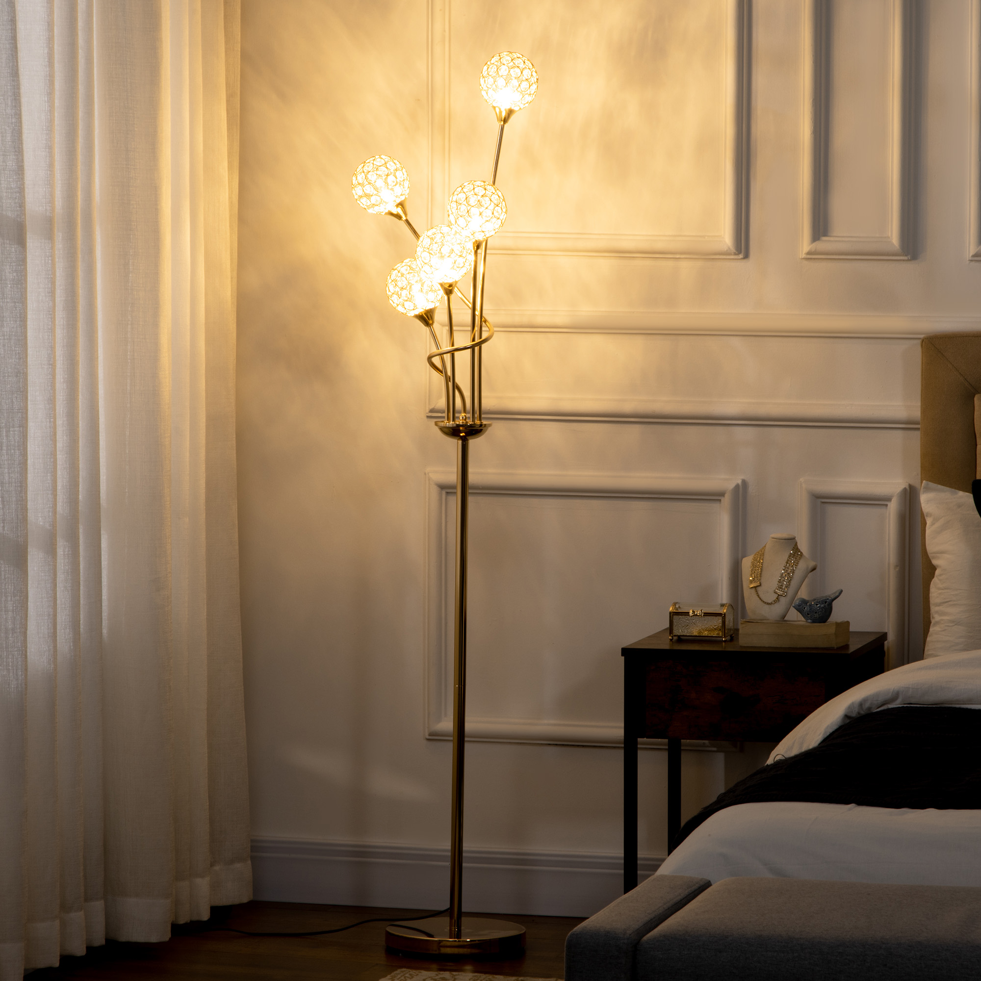 HOMCOM Crystal Floor Lamps for Living Room Bedroom with 5 Light, Modern Upright Standing Lamp, 34x25x156cm, Gold Tone - Image 2