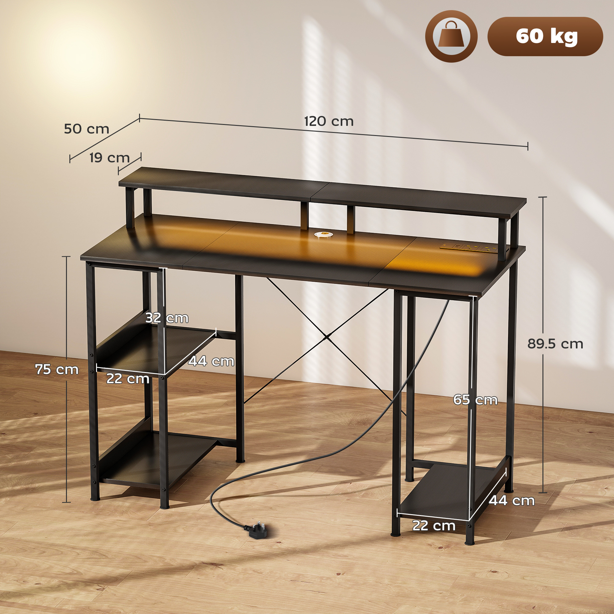 HOMCOM LED Computer Desk, with Power Outlets and Shelves - Carbon Fibre Grey - Image 3