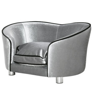 PawHut Dog Sofa Pet Chair, Kitten Bed Couch w/ Wooden Frame, Removable Cushion - Silver-Tone and Grey