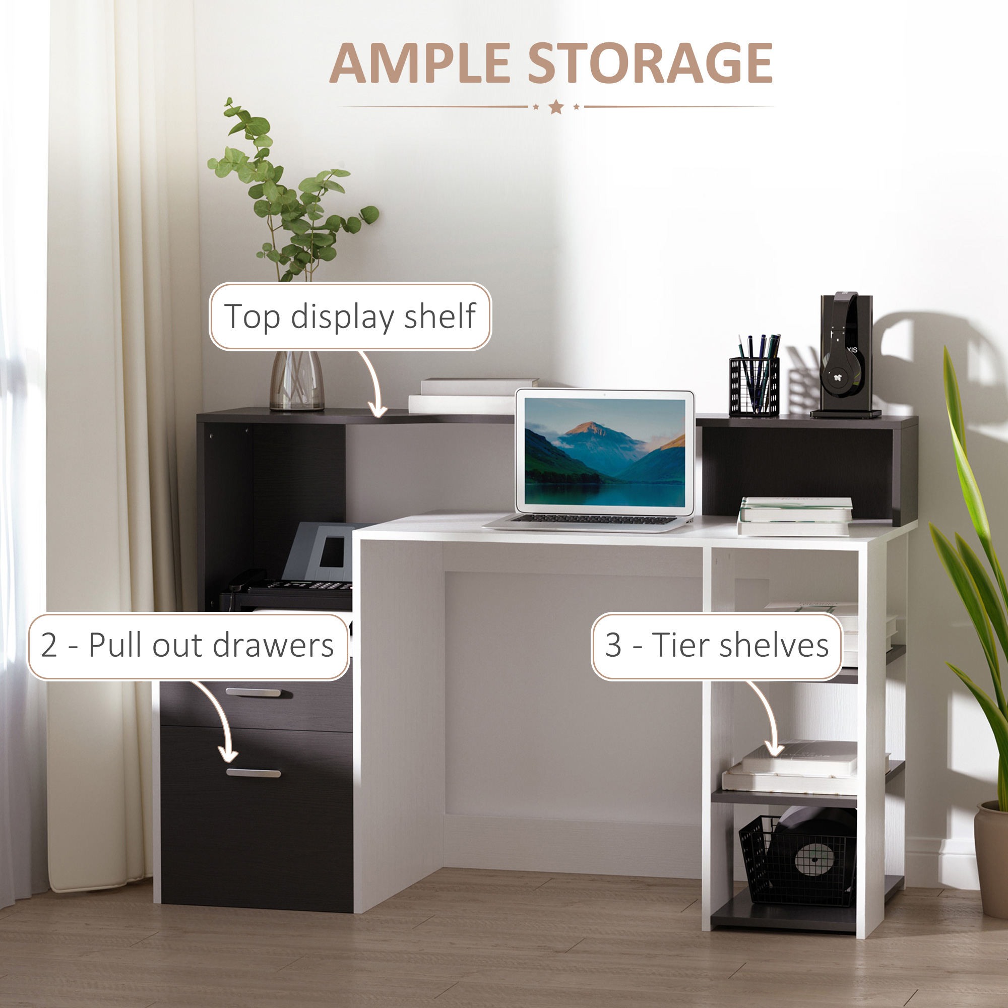 HOMCOM Computer Desk with Drawers and Storage Shelves, Office Desk Writing Table with Printer Stand, Large Workstation for Study Play Work Home Office, 137 x 55 x 92cm, Black and White - Image 5