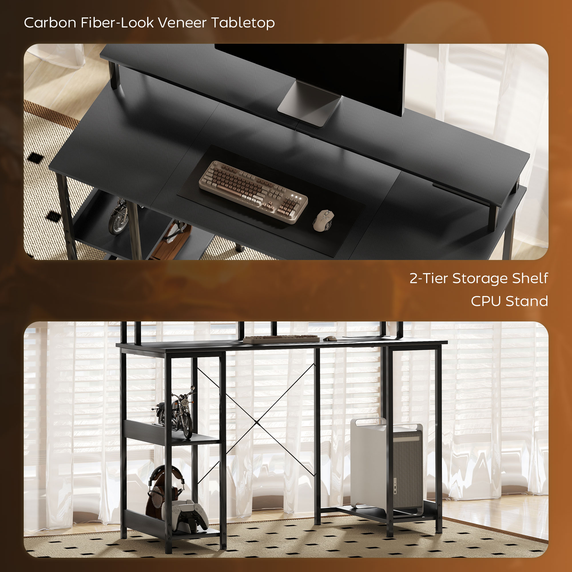 HOMCOM LED Computer Desk, with Power Outlets and Shelves - Carbon Fibre Grey - Image 8