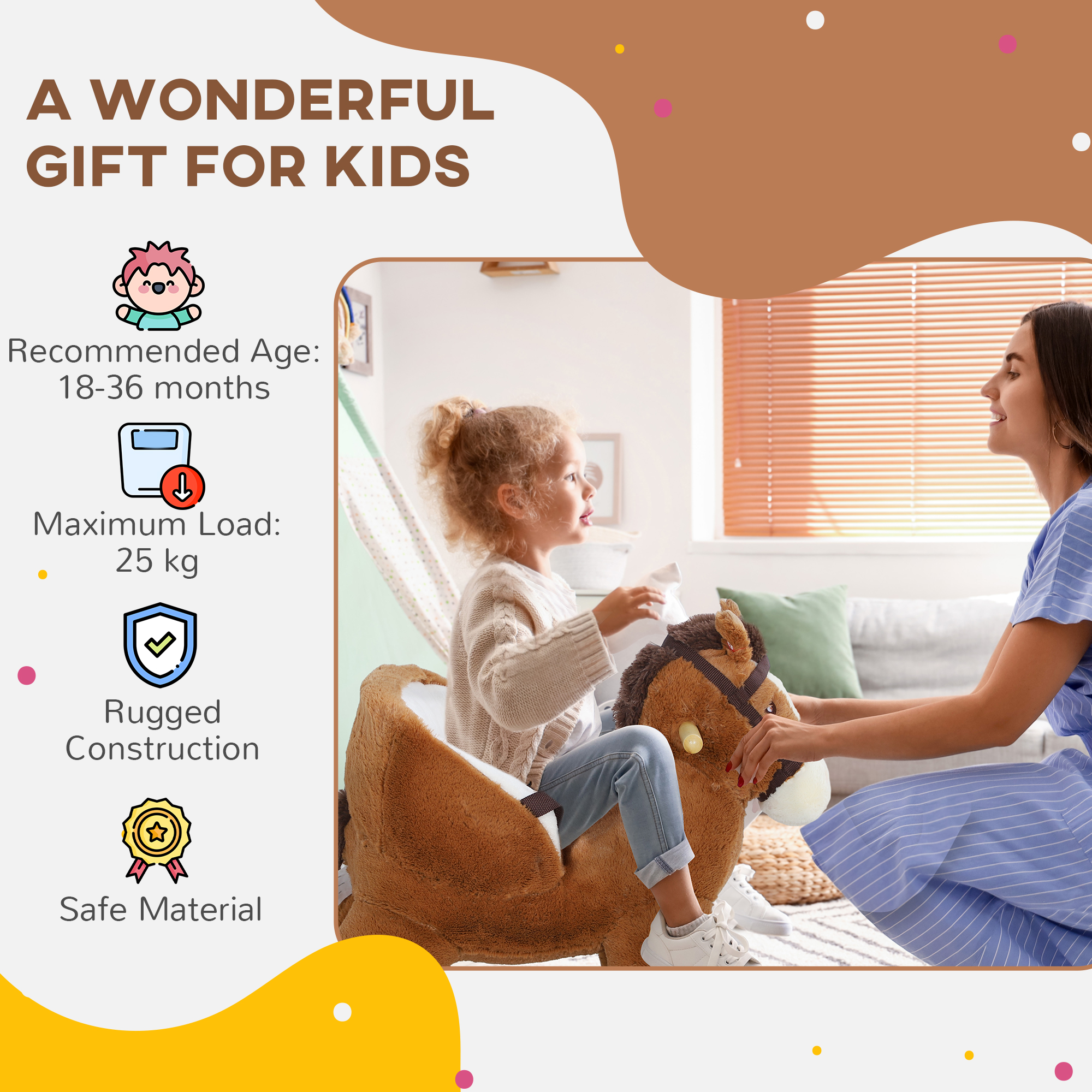 AIYAPLAY Kids Rocking Horse, Plush Ride on Horse, with Sound, Wood Base, for Ages 18-36 Months, Brown - Image 8