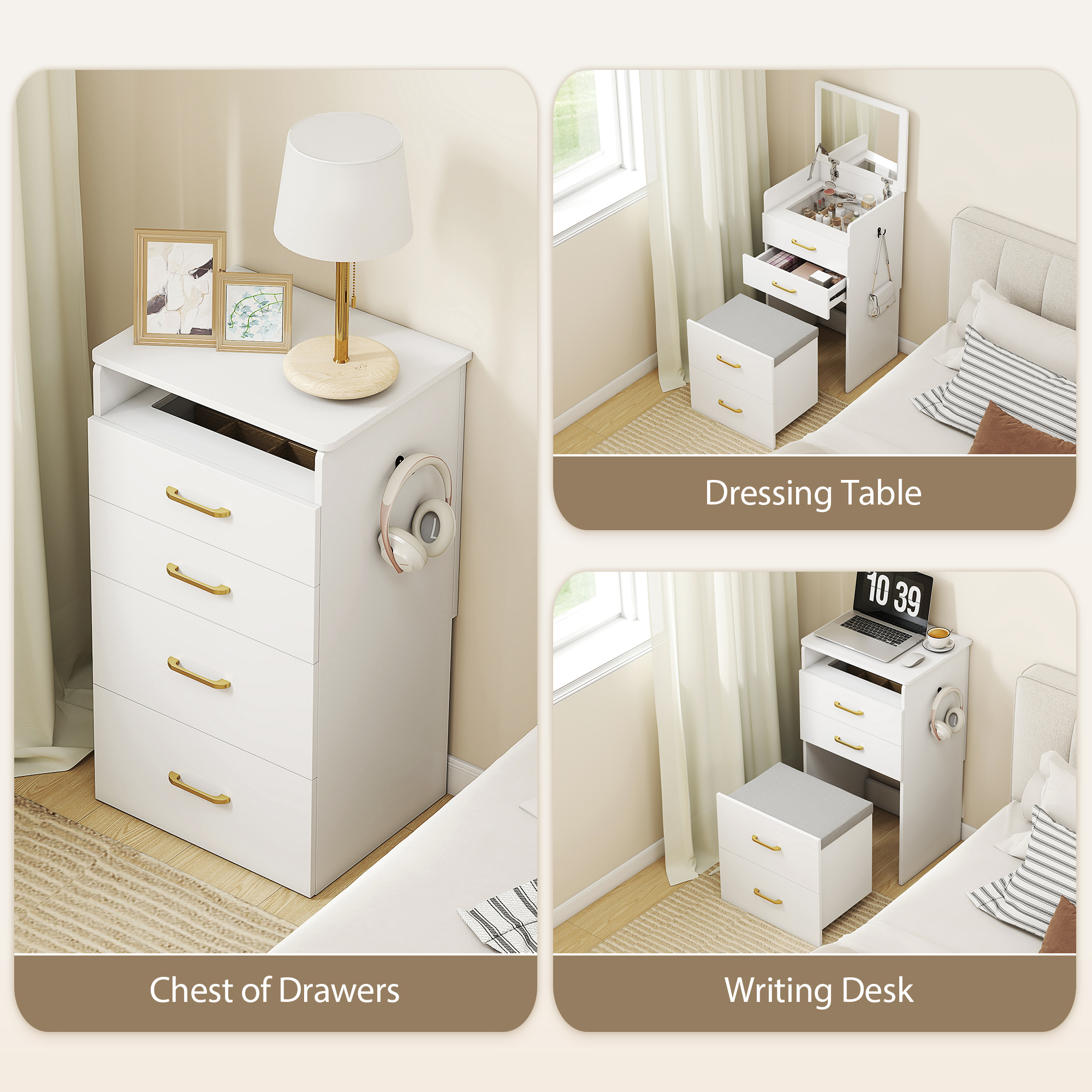 HOMCOM Compact Dressing Table and Stool Set, with Storage - White - Image 4