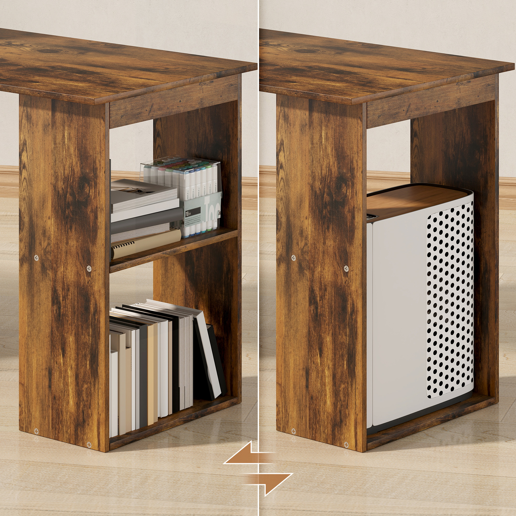 HOMCOM 120cm Computer Desk, Wooden PC Laptop Table with 6-Tier Storage Bookshelves, Home Office Working Study Desk, Writing Workstation, Rustic Brown Wood-Effect - Image 7