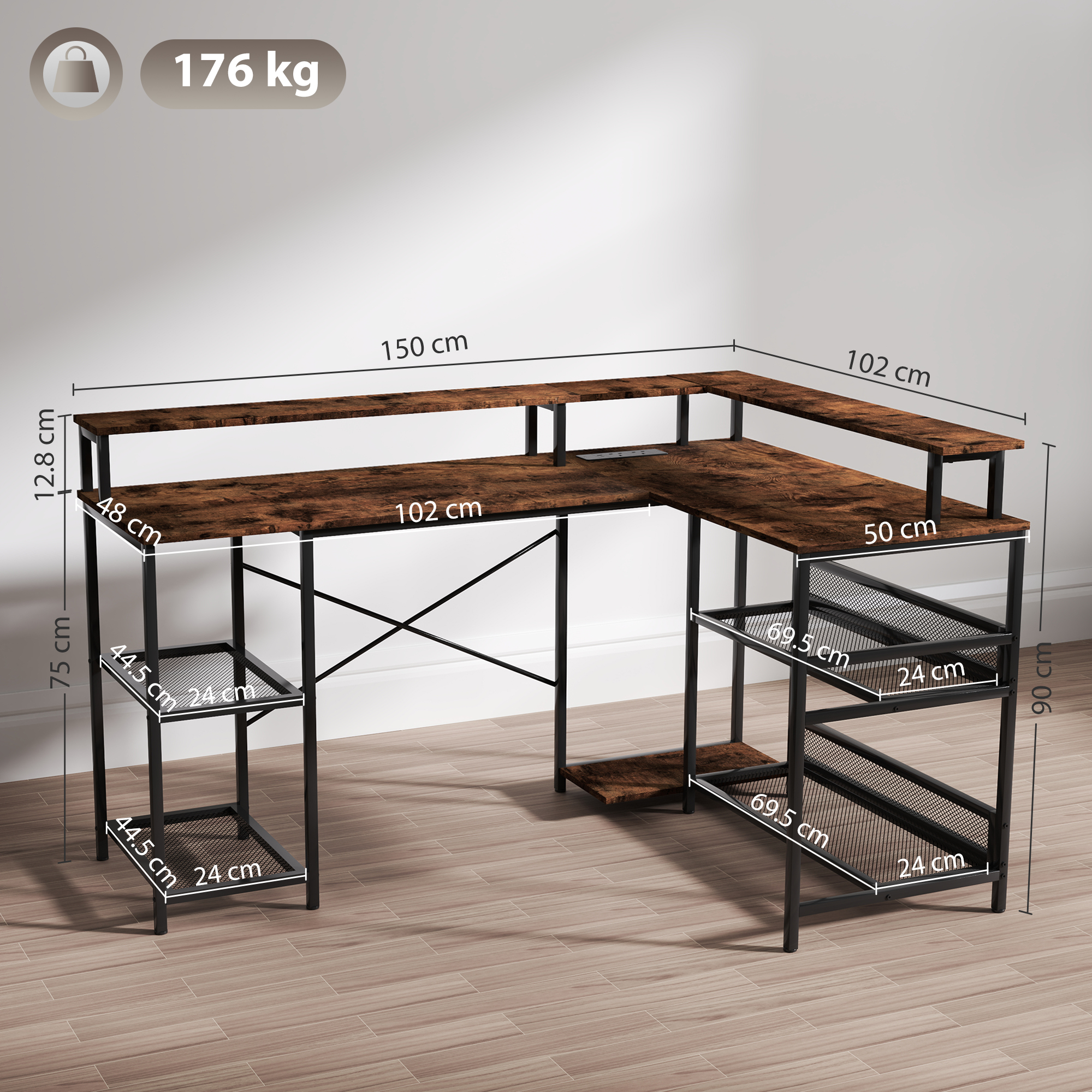 HOMCOM LED Light 'L' Computer Desk, with Shelves - Brown - Image 3