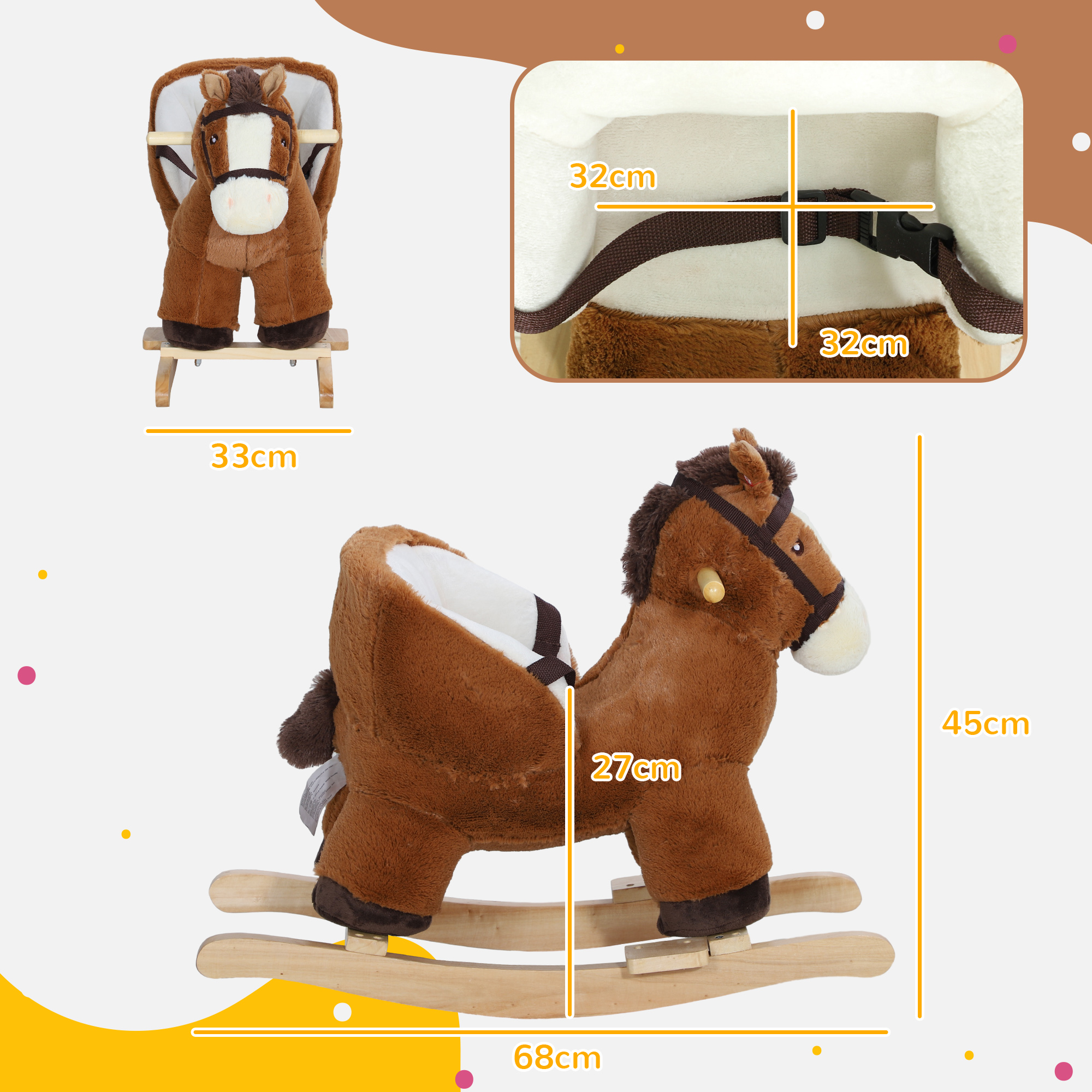 AIYAPLAY Kids Rocking Horse, Plush Ride on Horse, with Sound, Wood Base, for Ages 18-36 Months, Brown - Image 3