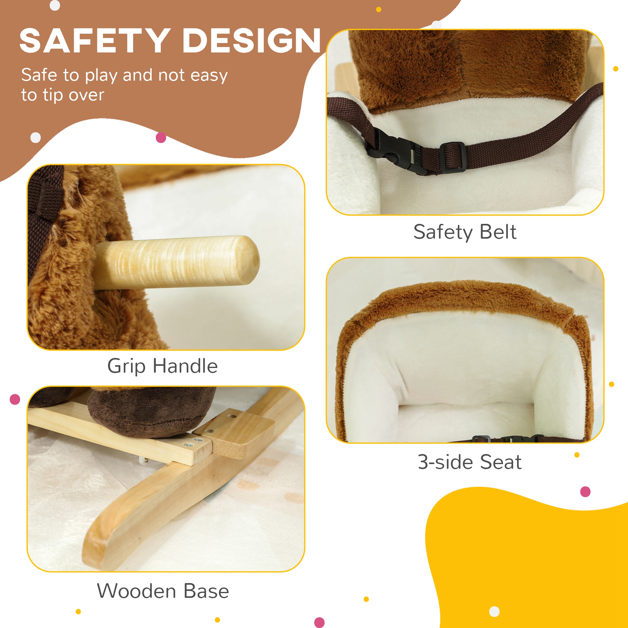 AIYAPLAY Kids Rocking Horse, Plush Ride on Horse, with Sound, Wood Base, for Ages 18-36 Months, Brown - Image 6