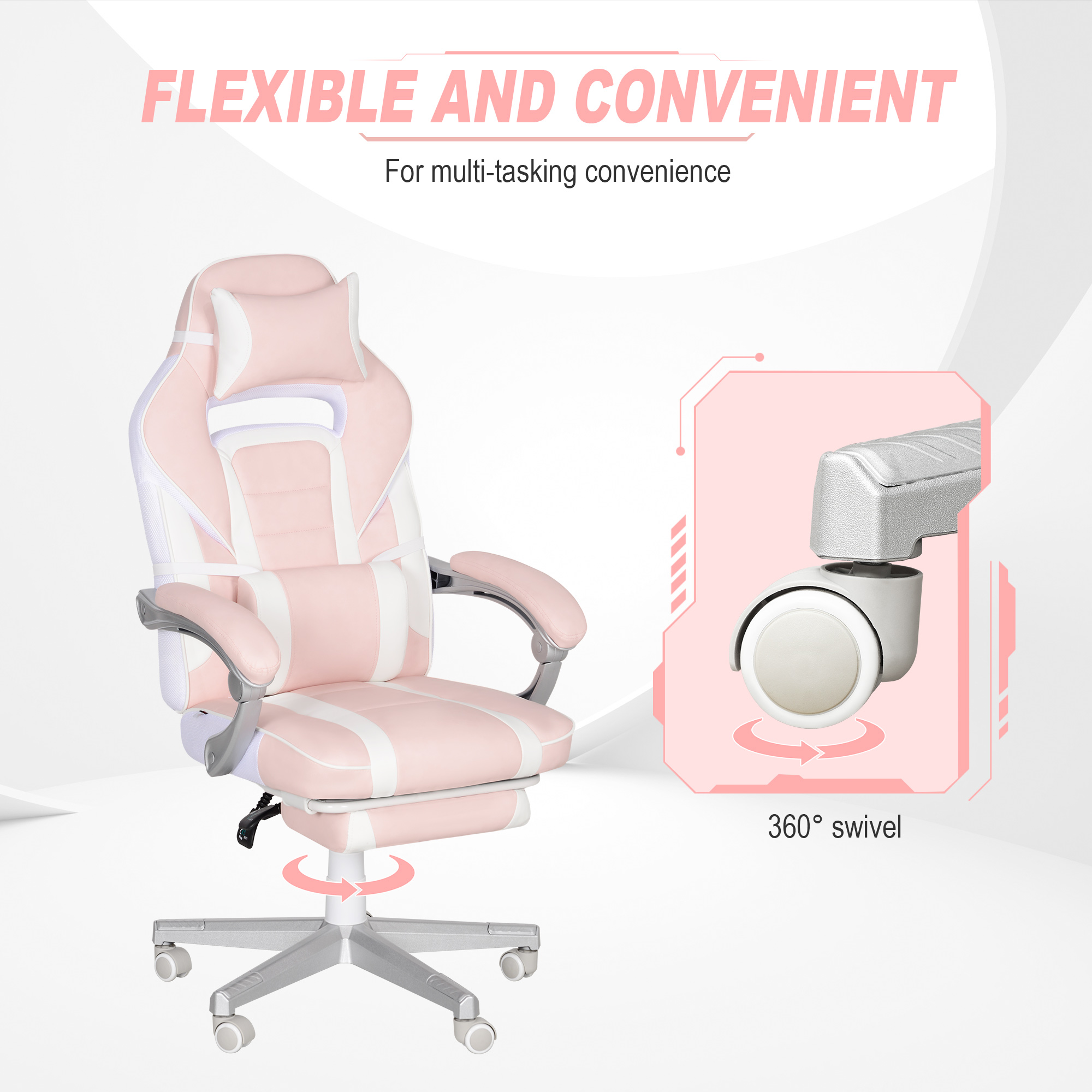 HOMCOM Faux Leather Reclining Gaming Chair, with Footrest - Pink/White - Image 6