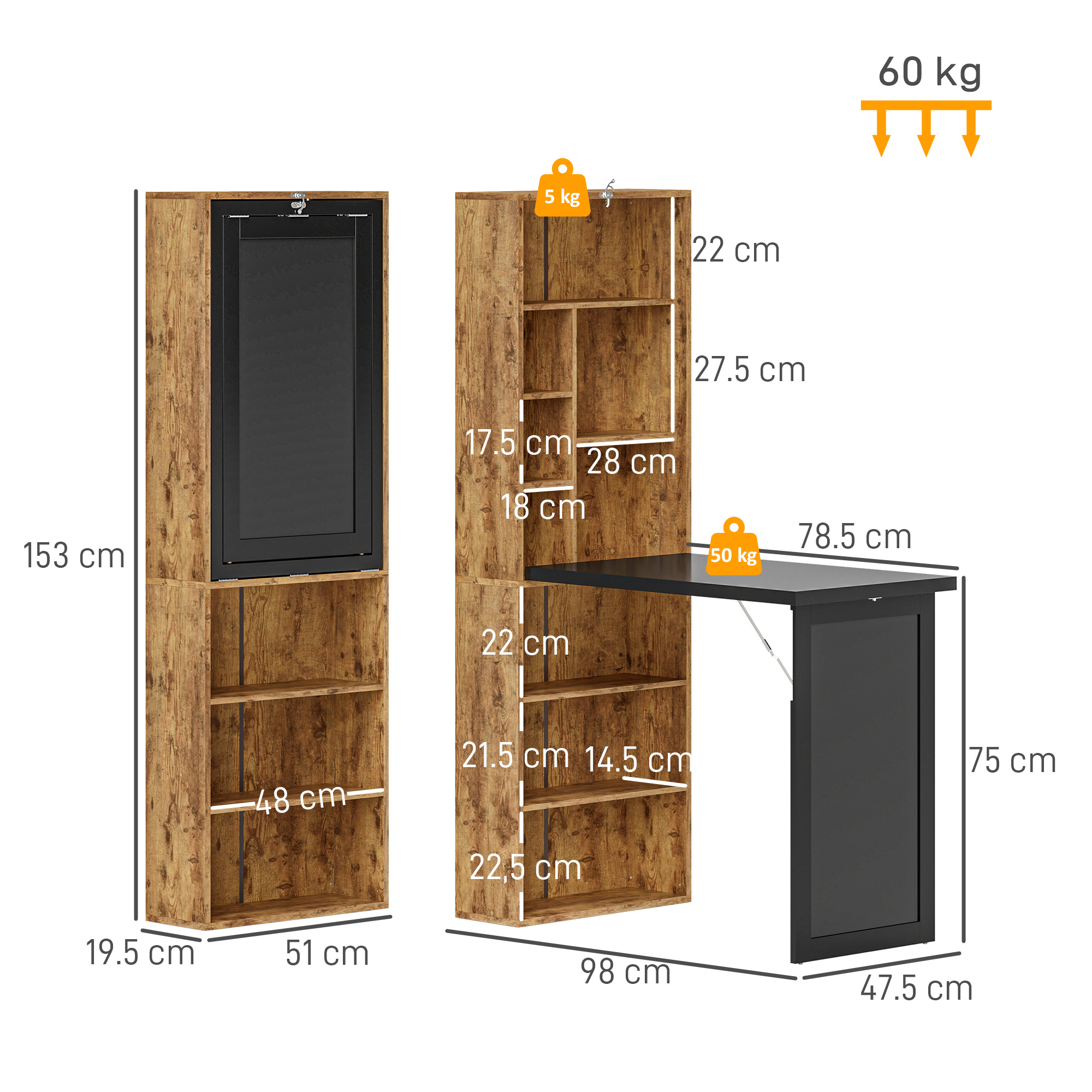 HOMCOM Folding Desk with Blackboard Multi-function Computer Office Workstation Side Shelf for Home Office, Rustic Brown - Image 3