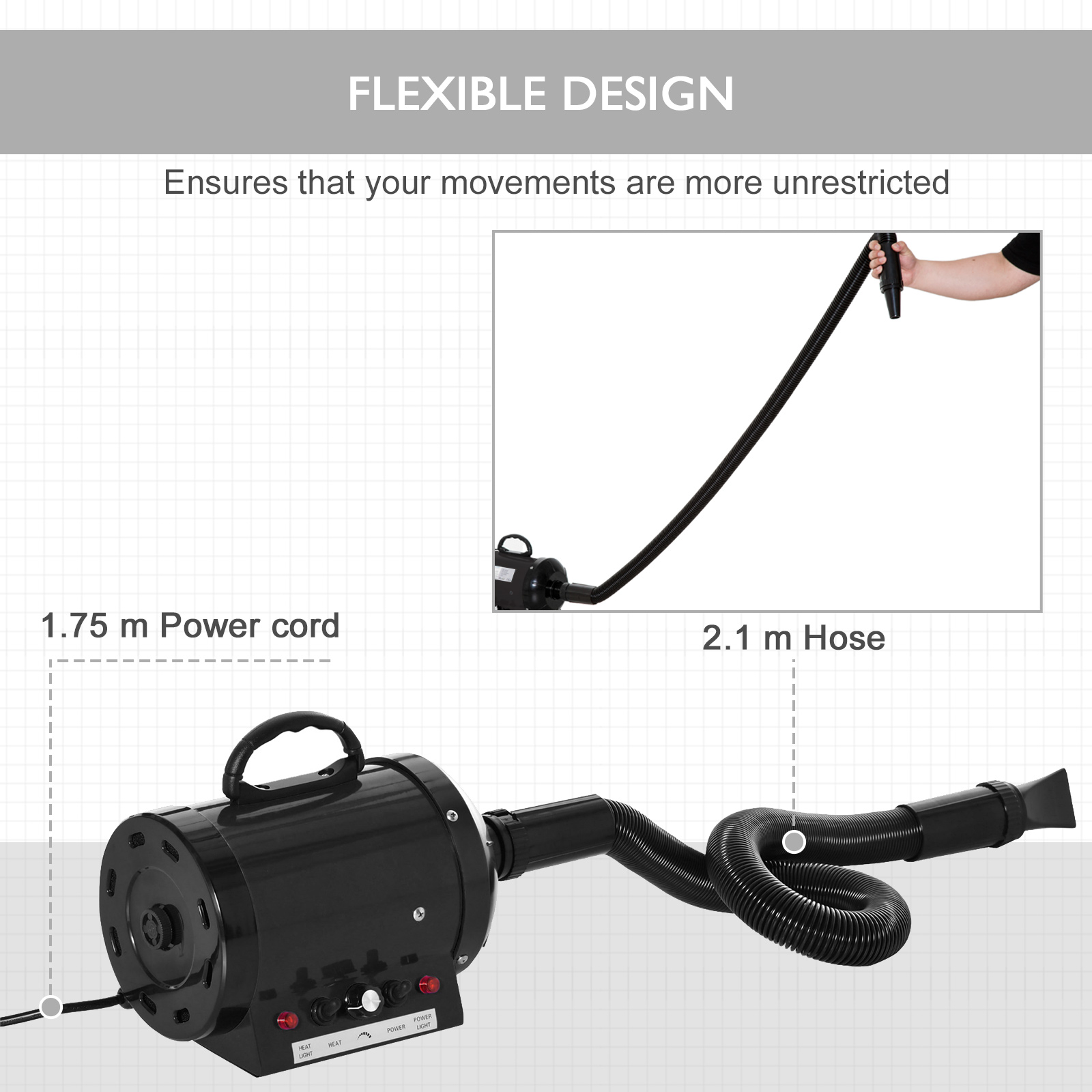 PawHut Dog Hair Dryer Pet Grooming Blaster Dryer Blower Adjustable Temperature Speed with 2.1M Flexible Hose 3 Nozzles - Black - Image 7