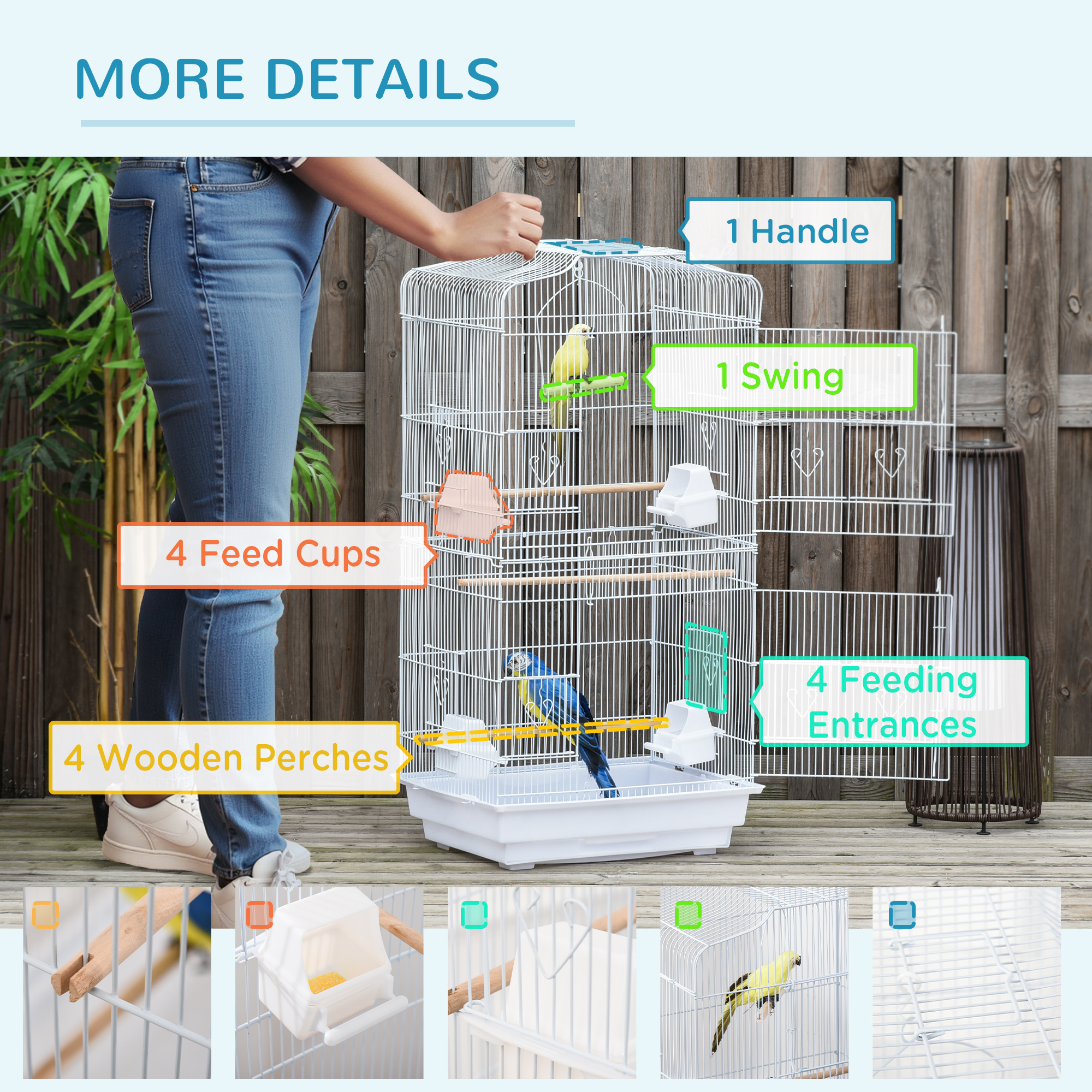 PawHut Large Metal Bird Cage with Perches, Food Bowls, Swing, for Budgies, Parakeets, White - Image 6