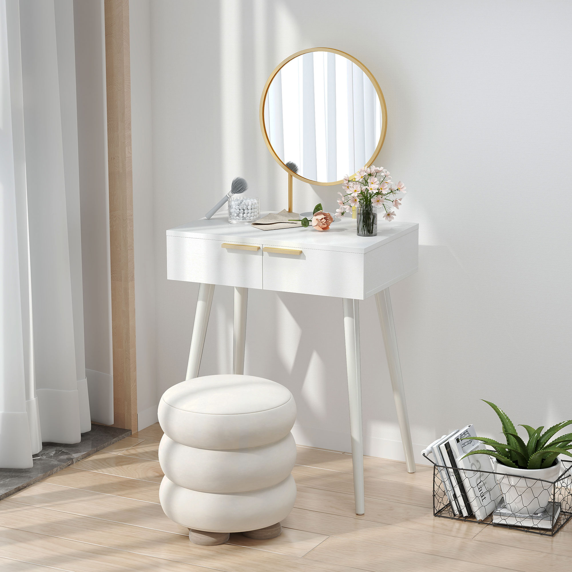 HOMCOM Elegant Dressing Table, with Round Mirror, 60 x 40 x 123 cm - White - Image 7